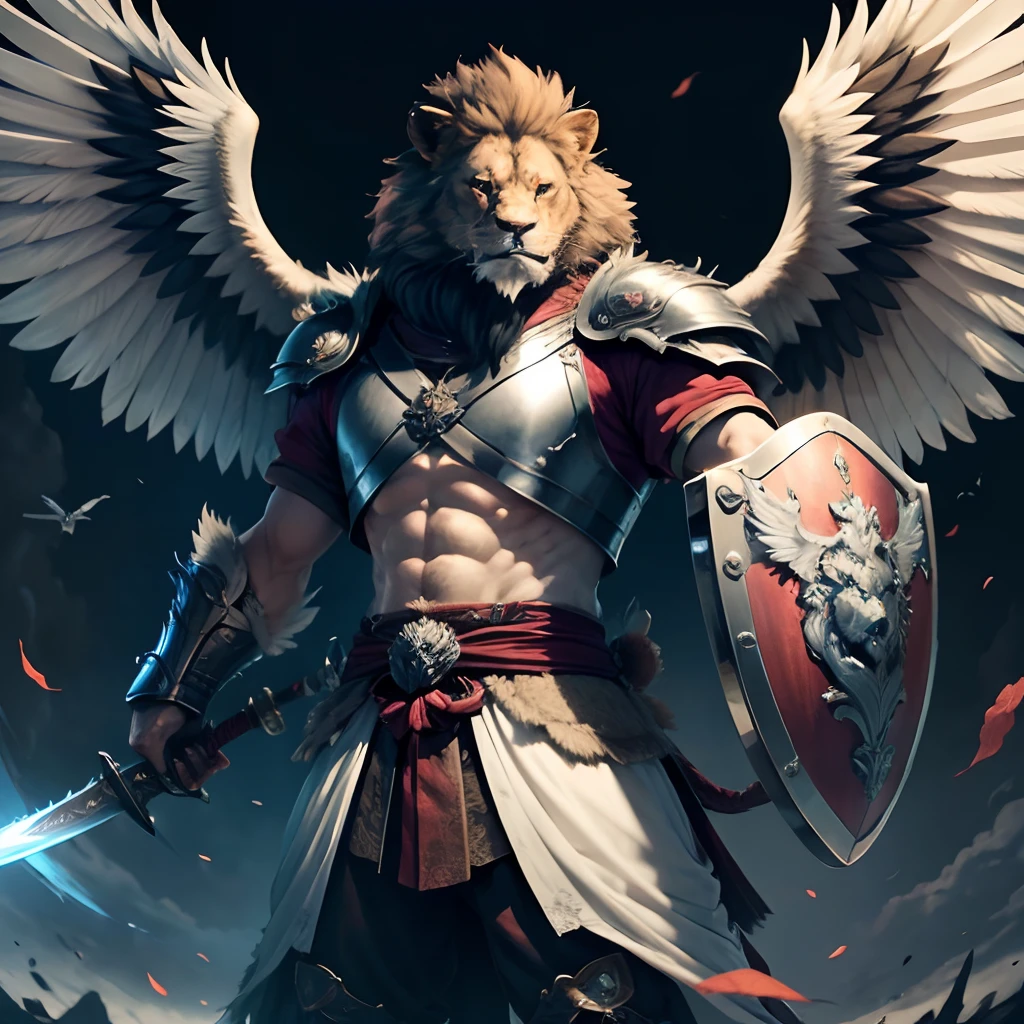 hybrid lion man with wings, looking furious and angry, holding a sword and shield in his hands