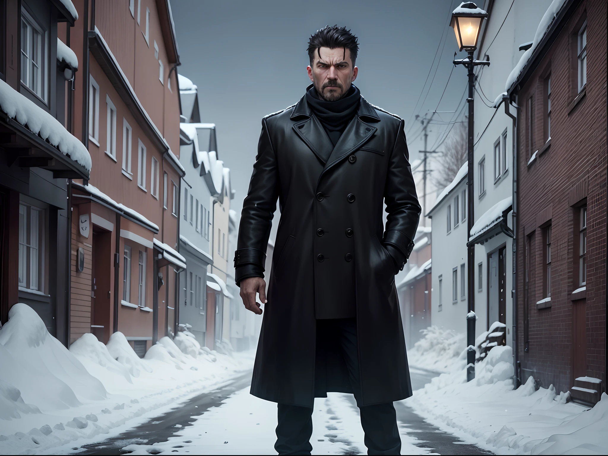 8k realistic image of a 45 year old man, wearing a black coat, with a cast on his arm, angry and screaming, standing on a sidewalk in a small German county, snowy, anime style art