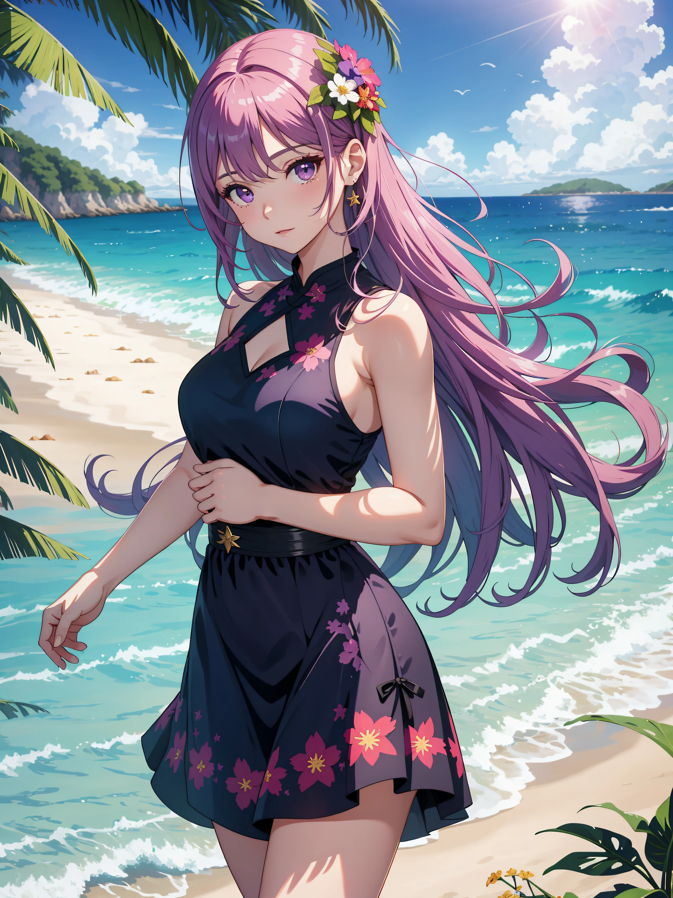 realista, 1girl, cana, purple eyes, ojos brillantes, Tapa recortada, falda, labios separados, sonrojarse, Noche, flores, sol, luz del sol, Cheongsam, Cabello de longitud media, real, warm color, color de fondo color claro, Entorno diurno, fondo de color brillante, Playa, ocean, Lindo,