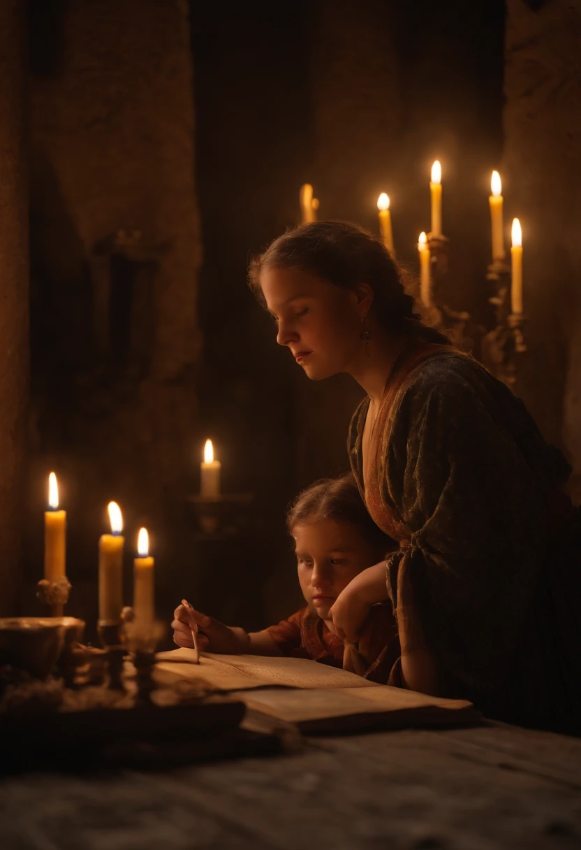 Realistic photo, A realistic photo of three . um menino de 12 anos, europeu, cabelos loiros. uma menina de 11 anos, europeia e cabelos escuros. uma outra menina de 14 anos, indiana, cabelos escuros. They are sitting on the floor around a lit candle in a medieval room. The room's only light source comes from the candle flame. A cena se passa em um ambiente misterioso e amedrontador, castelo medieval, (extremamente detalhado CG unidade 8k papel de parede), foto da obra mais bonita do mundo, profissional majestoso, (peito grande:1.6) (fotografia de Steve McCurry), 8k UHD, DSLR, soft lighting, alta qualidade, filmic grain, Fujifilm XT3 sharp focus, f 5.6, High detail, foco nítido, Dramatic, (Olhando para o Viewer:1.2), (alunos detalhados:1.3), (luz natural),corpo inteiro.