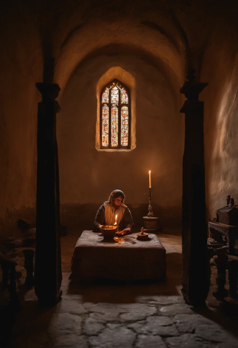 Realistic photo, A realistic photo of three children. um menino de 12 anos, europeu, cabelos loiros. uma menina de 11 anos, europeia e cabelos escuros. uma outra menina de 14 anos, indiana, cabelos escuros. They are sitting on the floor around a lit candle in a medieval room. The room's only light source comes from the candle flame. A cena se passa em um ambiente misterioso e amedrontador, castelo medieval, (extremamente detalhado CG unidade 8k papel de parede), foto da obra mais bonita do mundo, profissional majestoso, (peito grande:1.6) (fotografia de Steve McCurry), 8k UHD, DSLR, soft lighting, alta qualidade, filmic grain, Fujifilm XT3 sharp focus, f 5.6, High detail, foco nítido, Dramatic, (Olhando para o Viewer:1.2), (alunos detalhados:1.3), (luz natural),corpo inteiro.