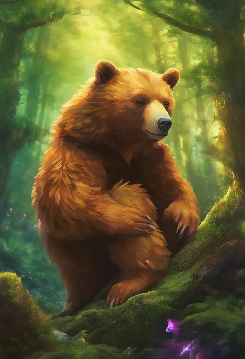 Painting of a bear sitting on a tree in a forest - SeaArt AI