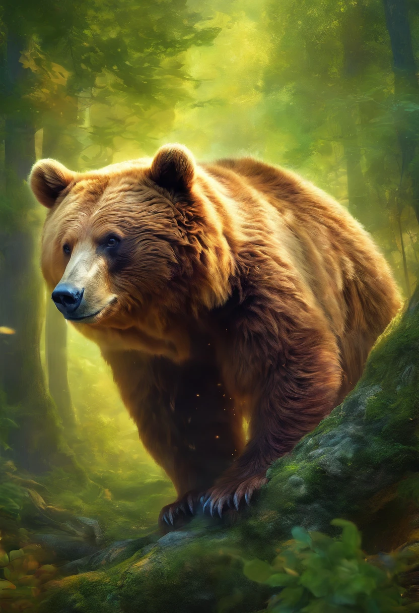 (a unique bear pokemon),illustration,realistic,highres,ultra-detailed,vivid colors,sharp focus,studio lighting,big,fluffy,brown fur,sparkling eyes,powerful claws,friendly expression,standing tall on hind legs,in a lush green forest,sunlight filtering through the trees,moss-covered rocks in the background