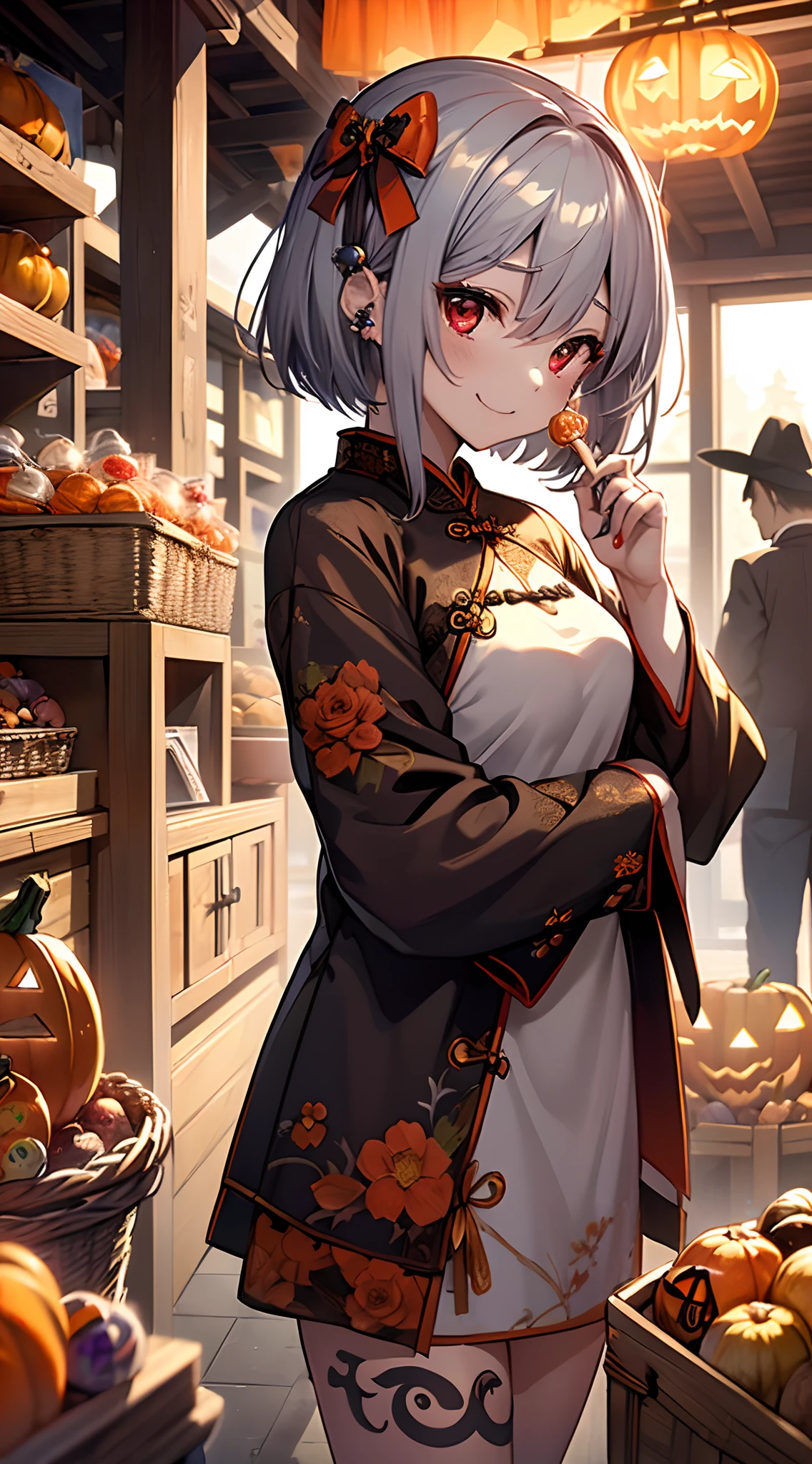 top-quality、Top image quality、in 8K,4K,​masterpiece、(NSFW:1.1)、ultra-detailliert、Beautiful、ultra-quality、adult-like、Cool、girl with(((18year old、Halloween Costumes、Cheongsam 1:6、Put sweets in the basket、Bust 78、silber hair、a short bob、Red Eyes、erotick:1.4、Happiness、The tattoo)))、hiquality、visualart、Background with((Halloween 1.5))、masutepiece