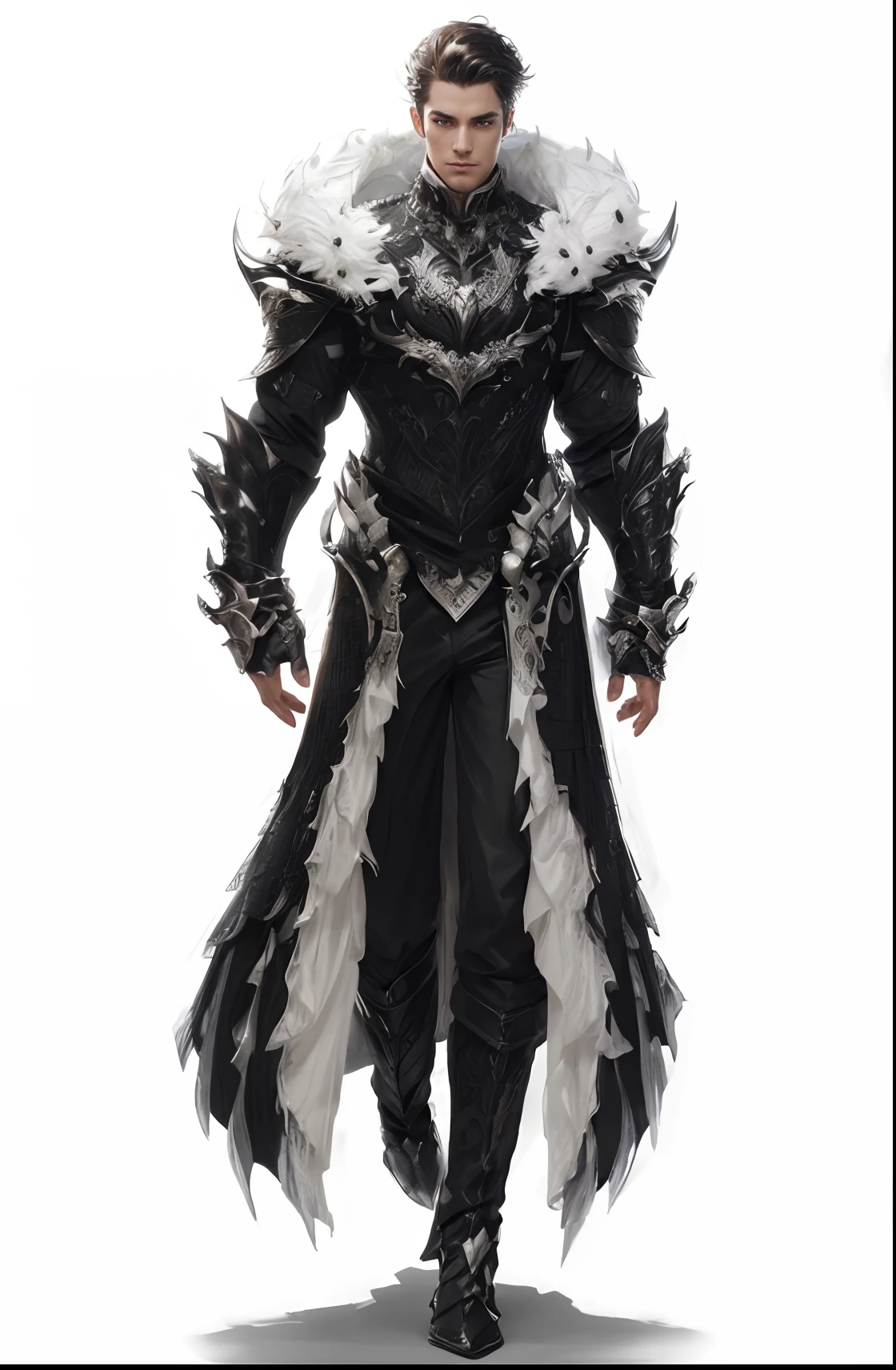 a attractive sophisticated male character dressed in a black and white outfit, demonic dragon scaled inspired garments armor, very stylish fantasy armor, new costume concept design, intricate costume design, detailed full body concept art, dark soul noble robes attire concept, complex fantasy character, dark fantasy character design, beautiful detailed full body concept, (Extremely Detailed), (Best Illustration), (Beautiful and Detailed Eyes), (Best Quality), (Ultra Detailed), (Masterpiece ), ( wallpaper), (detailed face), solo, a attractive male with dark hair and with one thick long streak of white vitiligo through the right side of his hair (realistic, photo-realistic:1.37), (insanely detailed:1.3), 8k, (masterpiece), (best quality:1.4), (ultra high res:1.2), (RAW photo:1.2), professional lighting, cinematic realism