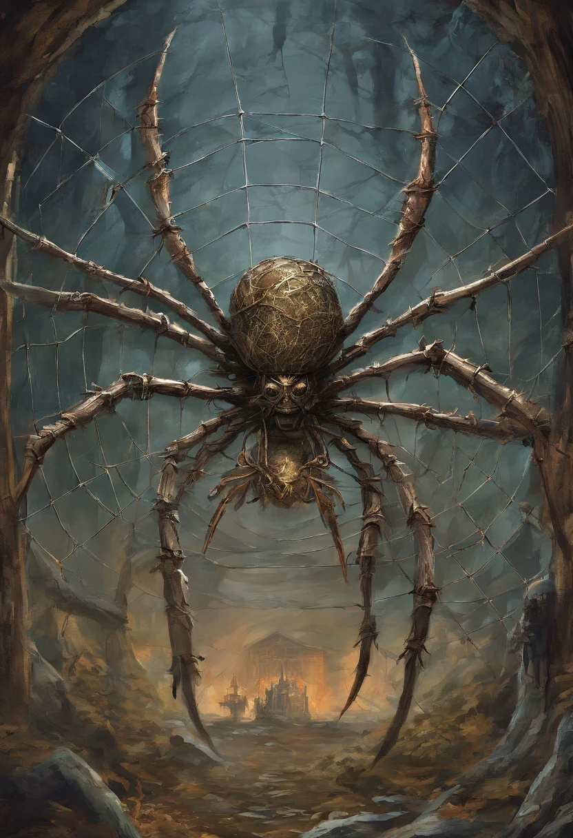 Huge metal spider that is in prison a warrior in a wire web , Tyler Edlin Fantasy Art, Style artistique humblewood, Illustration High Fantasy, guerrier , Surprisingly detailed D & D art