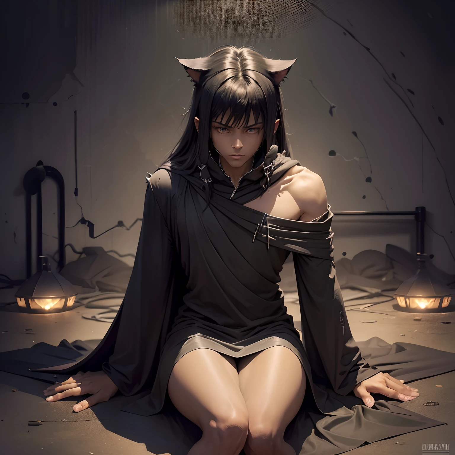 (Black spikey long hair), (dark skinned male),  (cat ears), (green eyes), (black robes), (long hair), (spikey hair)