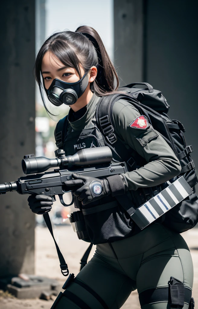 a beauty girl,jk,arm,hold a rifle,junior school student,blacksilk,black greatcoat,It's SWAT,Bring a helmet,Wear goggles,With a gas mask