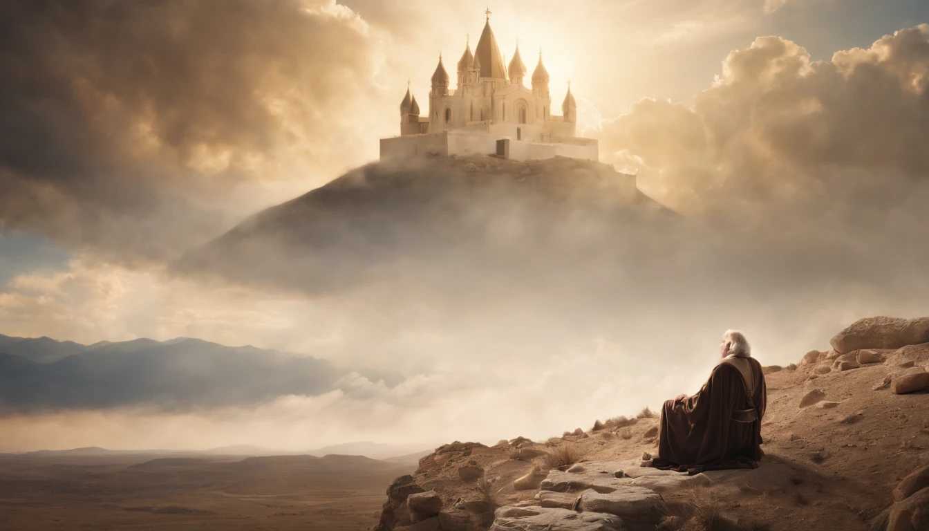 crie uma imagem realista na horizontal, where an older man is raptured to heaven and finds the throne of God. the image needs to reflect the passage in the Bible where Paul describes his rapture.