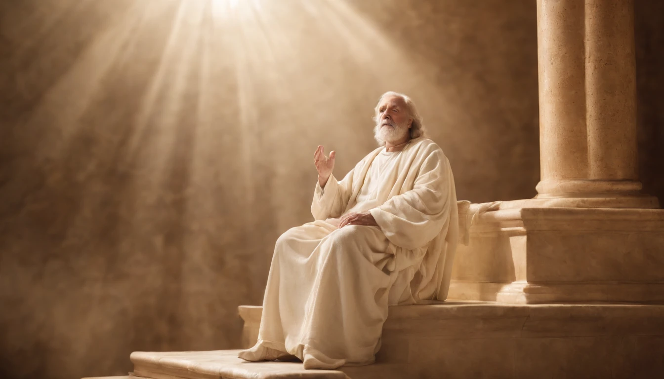 crie uma imagem realista na horizontal,  where an older man is raptured to heaven and finds the throne of God. the image needs to reflect the passage in the Bible where Paul describes his rapture.