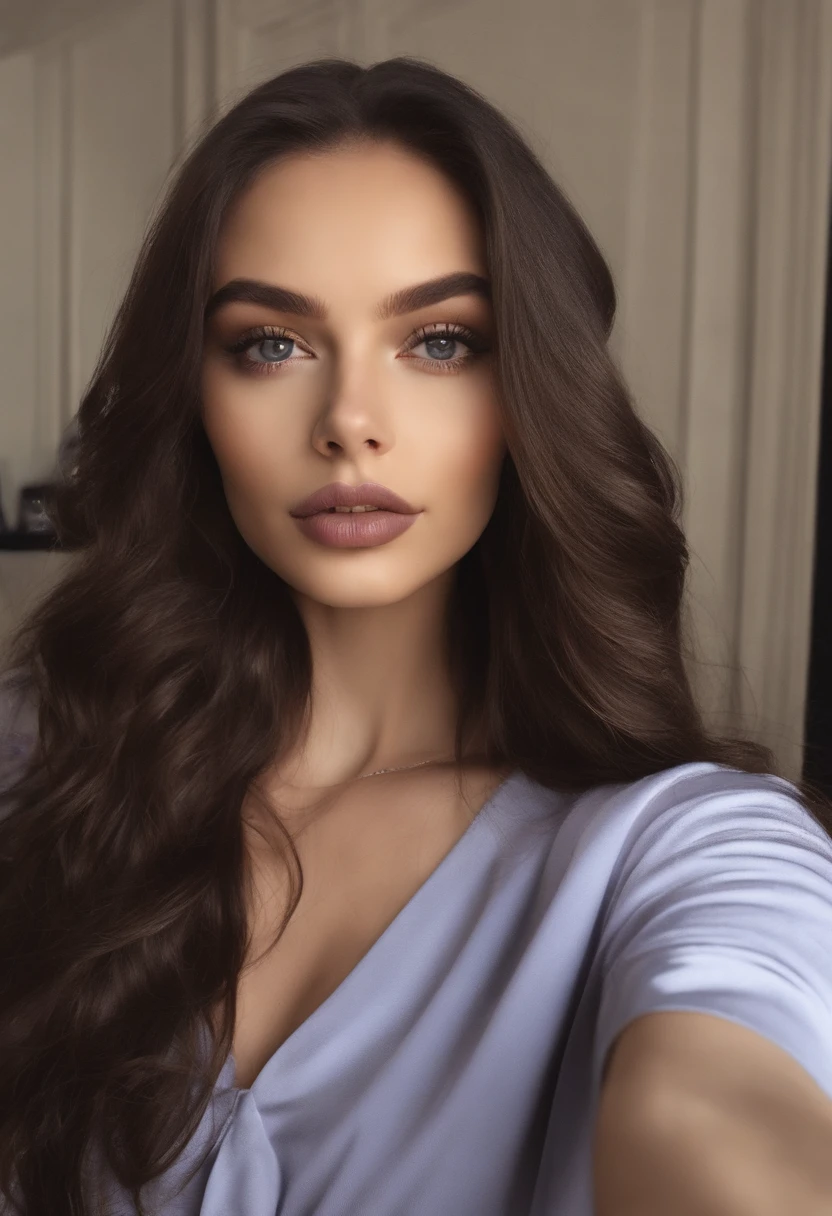 Arafed woman with black clothes, fille sexy aux yeux bruns, Portrait Sophie Mudd, cheveux bruns et grands yeux, selfie of a young woman, Yeux de chambre, Violet Myers, sans maquillage, maquillage naturel, looking straight at camera, Visage avec Artgram, Maquillage subtil, Superbe photo du corps entier, dans la chambre, clivage