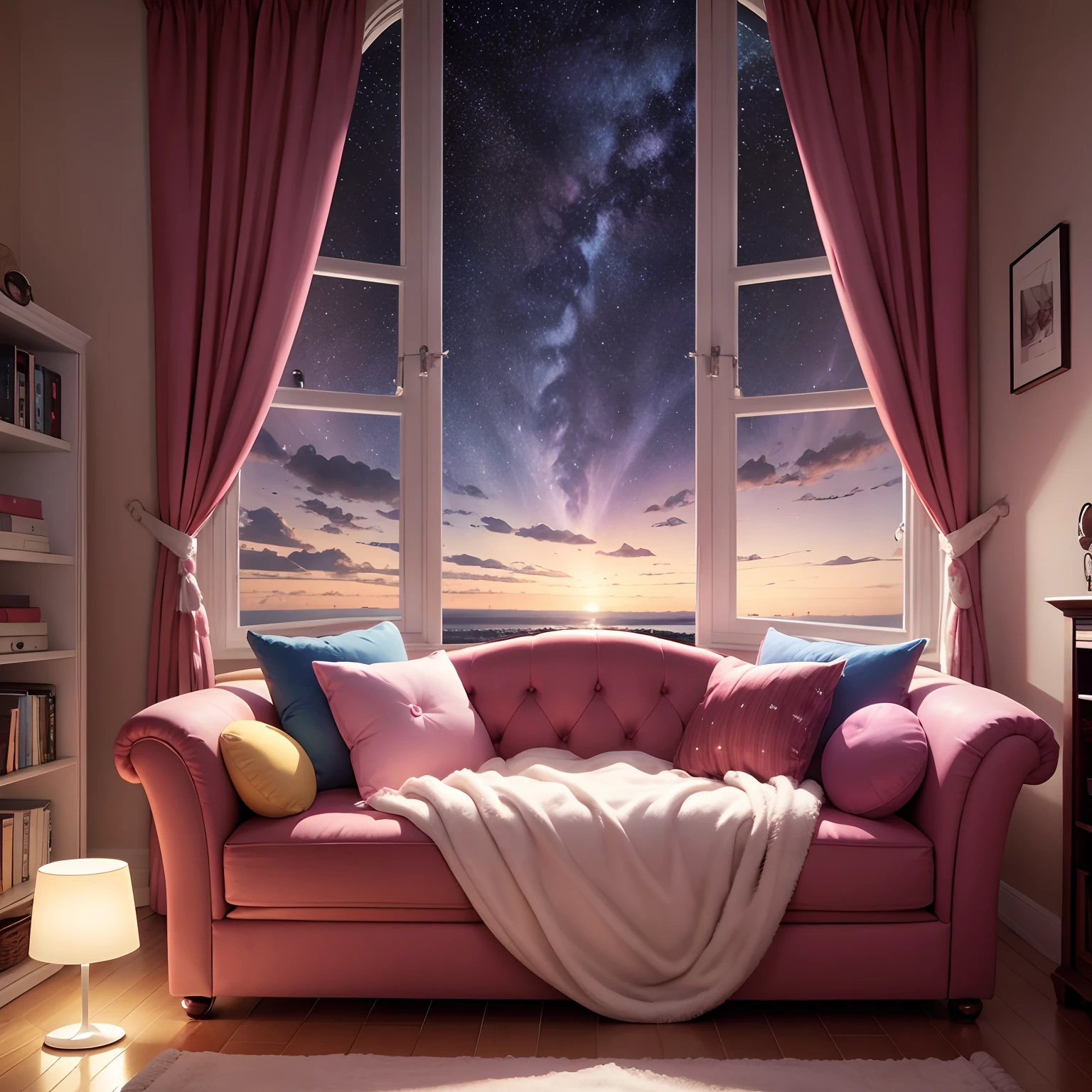 Plush sofa Colorful lights a room huge window starrysky Cherry beds plushies Strawberry table