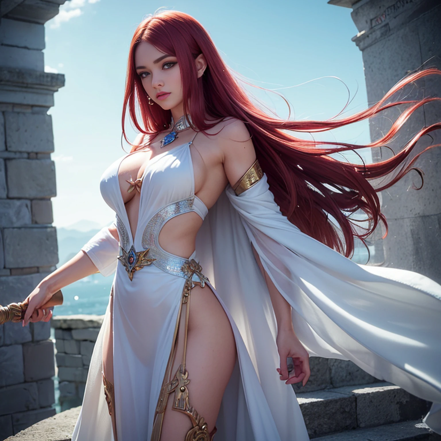 8k, ultra detalhado, master part, melhor qualidade, (extremamente detalhado), Arafed, arte dnd, scenic view, corpo inteiro, Aasimar sorceress casting a flaming spell, Aasimar, female, (Obra-prima 1.3, Detalhes intensos), female, feiticeira, Casting Flaming Spell (Obra-prima 1.3, Detalhes intensos) grandes asas angelicais, Open Blue Angelic Wings (Obra-prima 1.3, Detalhes intensos), magical fantasy background (Obra-prima 1.5, Detalhes intensos), lua, Estrelas, nuvem, vestindo manto branco, Capa roxa, flowing robe (Obra-prima 1.3, Detalhes intensos), Botas de salto alto (Obra-prima 1.3, Detalhes intensos), armado com pessoal, red hair, olhos verdes, olhos intensos, Feminino, Face Ultra Detalhada, (Obra-prima 1.5, melhor qualidade), anatomicamente correto (Obra-prima 1.3, Detalhes intensos), face determinada, Luz Divina, Cinematic lighting, luz suave, silhueta, fotorrealismo, scenic view (Obra-prima 1.3, Detalhes intensos) , Wide-Angle, Ultra-Grande Angular, 8k, Altas, melhor qualidade, Detalhes altos