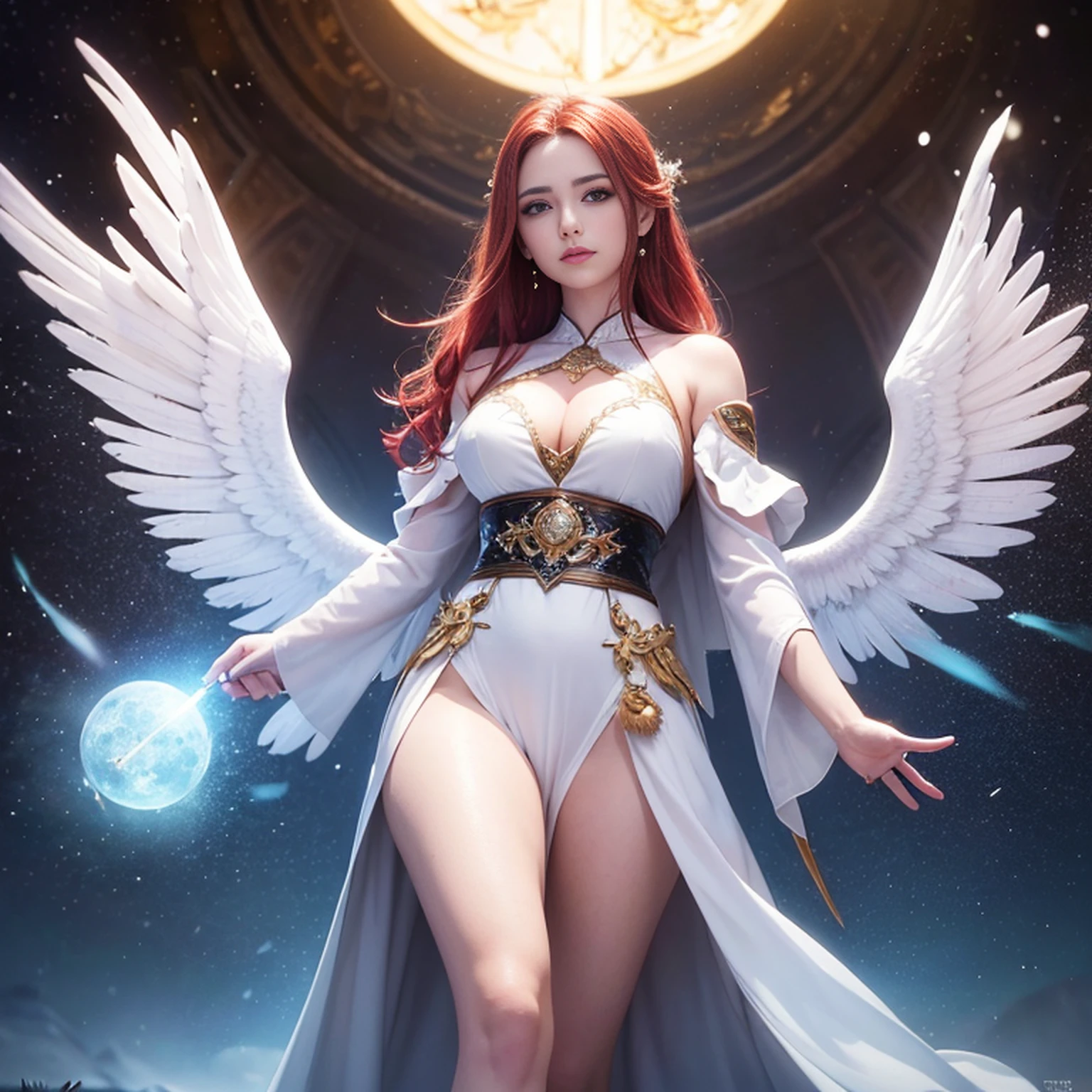 8k, ultra detalhado, master part, melhor qualidade, (extremamente detalhado), Arafed, arte dnd, scenic view, corpo inteiro, Aasimar sorceress casting a flaming spell, Aasimar, female, (Obra-prima 1.3, Detalhes intensos), female, feiticeira, Casting Flaming Spell (Obra-prima 1.3, Detalhes intensos) grandes asas angelicais, Open Blue Angelic Wings (Obra-prima 1.3, Detalhes intensos), magical fantasy background (Obra-prima 1.5, Detalhes intensos), lua, Estrelas, nuvem, vestindo manto branco, Capa roxa, flowing robe (Obra-prima 1.3, Detalhes intensos), Botas de salto alto (Obra-prima 1.3, Detalhes intensos), armado com pessoal, red hair, olhos verdes, olhos intensos, Feminino, Face Ultra Detalhada, (Obra-prima 1.5, melhor qualidade), anatomicamente correto (Obra-prima 1.3, Detalhes intensos), face determinada, Luz Divina, Cinematic lighting, luz suave, silhueta, fotorrealismo, scenic view (Obra-prima 1.3, Detalhes intensos) , Wide-Angle, Ultra-Grande Angular, 8k, Altas, melhor qualidade, Detalhes altos