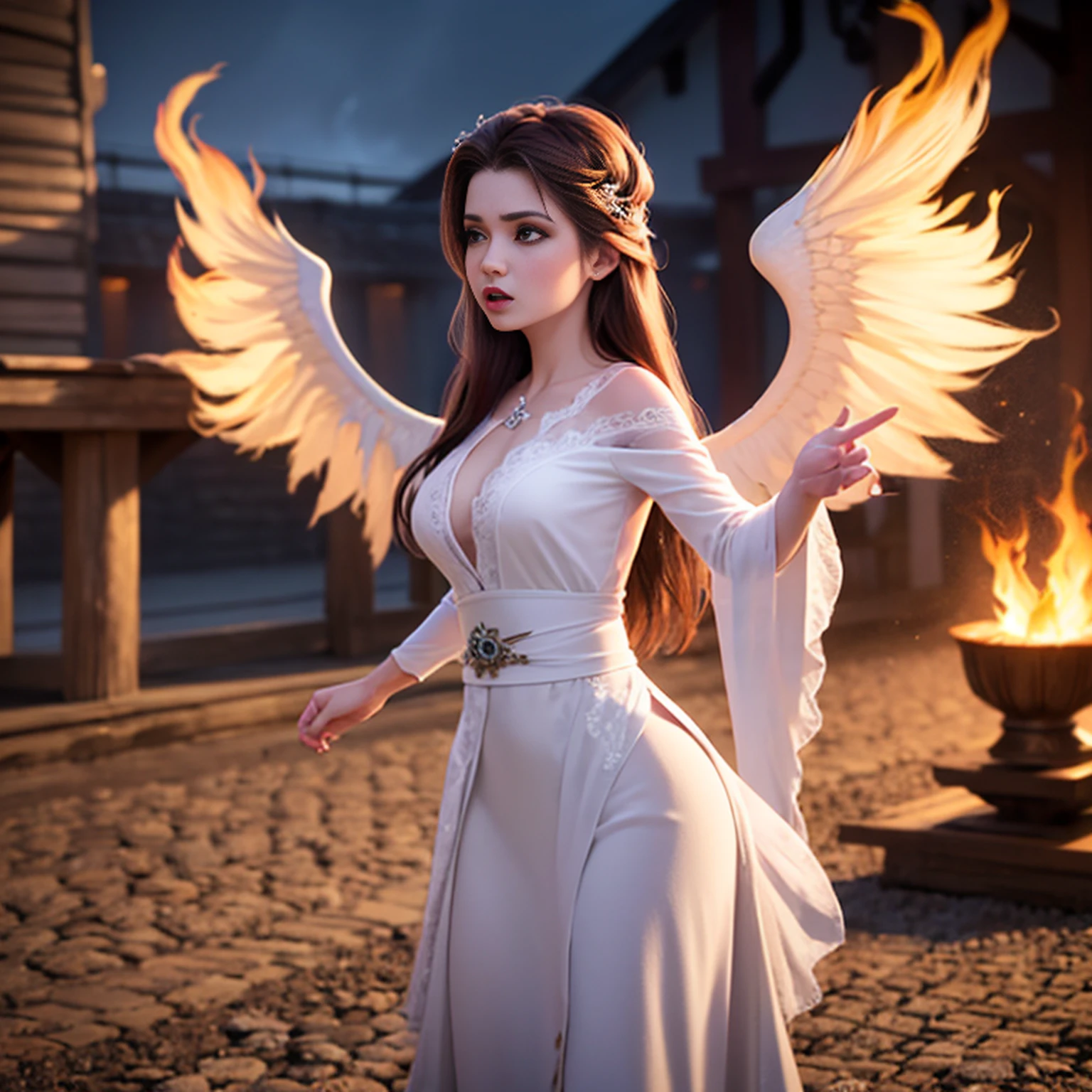 8k, ultra detalhado, master part, melhor qualidade, (extremamente detalhado), Arafed, arte dnd, scenic view, corpo inteiro, Aasimar sorceress casting a flaming spell, Aasimar, female, (Obra-prima 1.3, Detalhes intensos), female, feiticeira, Casting Flaming Spell (Obra-prima 1.3, Detalhes intensos) grandes asas angelicais, Open Blue Angelic Wings (Obra-prima 1.3, Detalhes intensos), magical fantasy background (Obra-prima 1.5, Detalhes intensos), lua, Estrelas, nuvem, vestindo manto branco, Capa roxa, flowing robe (Obra-prima 1.3, Detalhes intensos), Botas de salto alto (Obra-prima 1.3, Detalhes intensos), armado com pessoal, red hair, olhos verdes, olhos intensos, Feminino, Face Ultra Detalhada, (Obra-prima 1.5, melhor qualidade), anatomicamente correto (Obra-prima 1.3, Detalhes intensos), face determinada, Luz Divina, Cinematic lighting, luz suave, silhueta, fotorrealismo, scenic view (Obra-prima 1.3, Detalhes intensos) , Wide-Angle, Ultra-Grande Angular, 8k, Altas, melhor qualidade, Detalhes altos