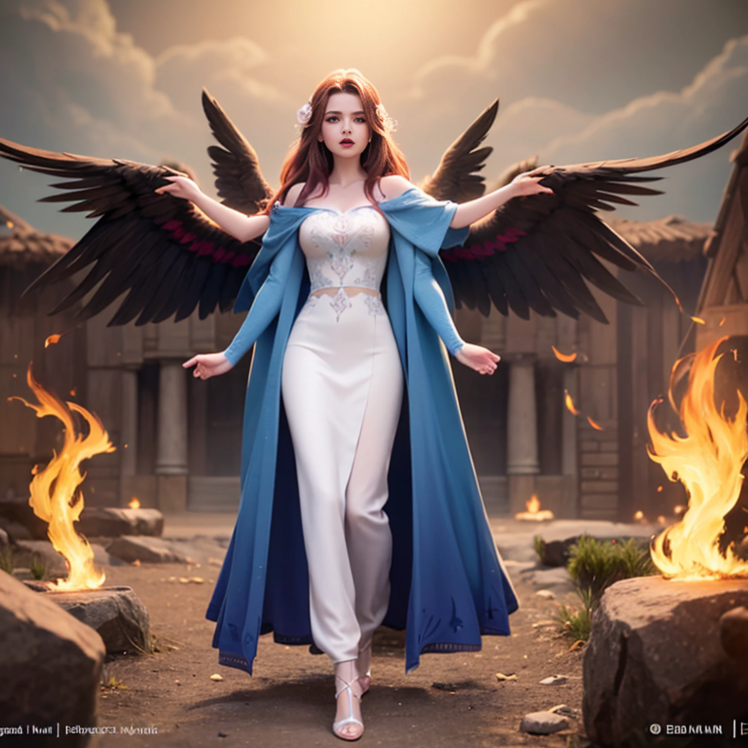 8k, ultra detalhado, master part, melhor qualidade, (extremamente detalhado), Arafed, arte dnd, scenic view, corpo inteiro, Aasimar sorceress casting a flaming spell, Aasimar, female, (Obra-prima 1.3, Detalhes intensos), female, feiticeira, Casting Flaming Spell (Obra-prima 1.3, Detalhes intensos) grandes asas angelicais, Open Blue Angelic Wings (Obra-prima 1.3, Detalhes intensos), magical fantasy background (Obra-prima 1.5, Detalhes intensos), lua, Estrelas, nuvem, vestindo manto branco, Capa roxa, flowing robe (Obra-prima 1.3, Detalhes intensos), Botas de salto alto (Obra-prima 1.3, Detalhes intensos), armado com pessoal, red hair, olhos verdes, olhos intensos, Feminino, Face Ultra Detalhada, (Obra-prima 1.5, melhor qualidade), anatomicamente correto (Obra-prima 1.3, Detalhes intensos), face determinada, Luz Divina, Cinematic lighting, luz suave, silhueta, fotorrealismo, scenic view (Obra-prima 1.3, Detalhes intensos) , Wide-Angle, Ultra-Grande Angular, 8k, Altas, melhor qualidade, Detalhes altos