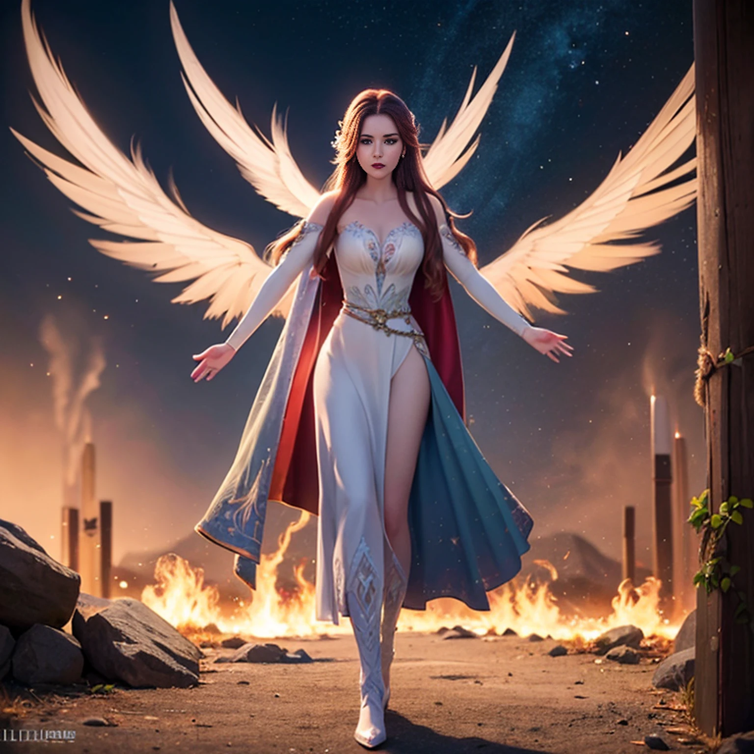 8k, ultra detalhado, master part, melhor qualidade, (extremamente detalhado), Arafed, arte dnd, scenic view, corpo inteiro, Aasimar sorceress casting a flaming spell, Aasimar, female, (Obra-prima 1.3, Detalhes intensos), female, feiticeira, Casting Flaming Spell (Obra-prima 1.3, Detalhes intensos) grandes asas angelicais, Open Blue Angelic Wings (Obra-prima 1.3, Detalhes intensos), magical fantasy background (Obra-prima 1.5, Detalhes intensos), lua, Estrelas, nuvem, vestindo manto branco, Capa roxa, flowing robe (Obra-prima 1.3, Detalhes intensos), Botas de salto alto (Obra-prima 1.3, Detalhes intensos), armado com pessoal, red hair, olhos verdes, olhos intensos, Feminino, Face Ultra Detalhada, (Obra-prima 1.5, melhor qualidade), anatomicamente correto (Obra-prima 1.3, Detalhes intensos), face determinada, Luz Divina, Cinematic lighting, luz suave, silhueta, fotorrealismo, scenic view (Obra-prima 1.3, Detalhes intensos) , Wide-Angle, Ultra-Grande Angular, 8k, Altas, melhor qualidade, Detalhes altos