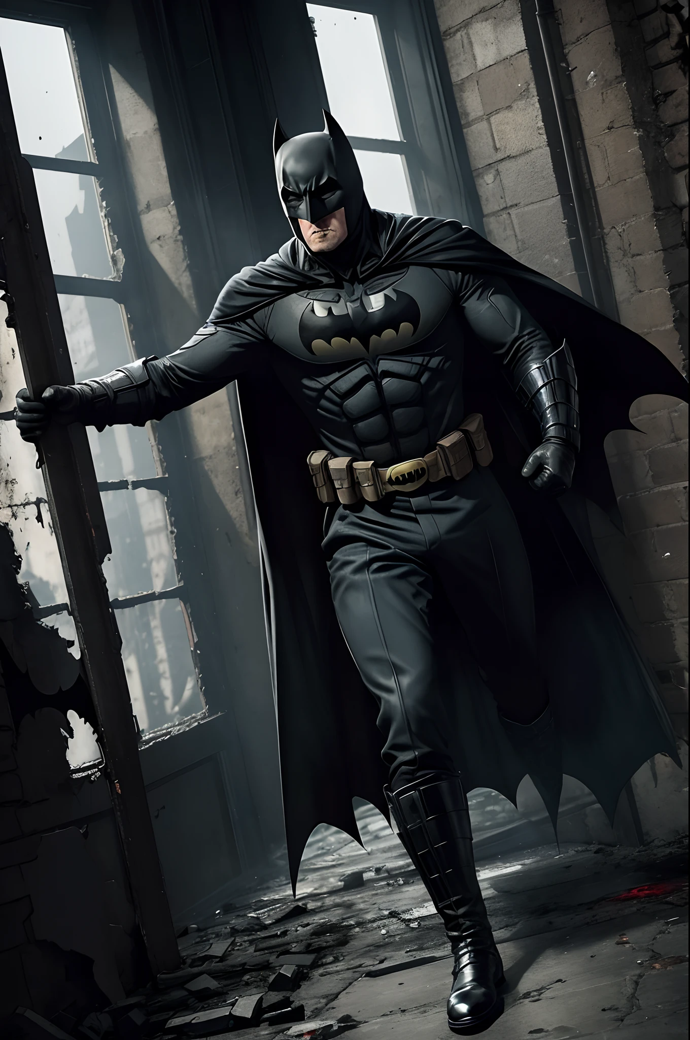 BATMAN enfrenta Hitler "German General of the First World War" que levanta-se dos mortos para destrir Gotham , Bombas dropped from planes destroy the streets of Gotham, The streets are littered with blood and human dead in pieces on the floor and in the windows, BATMAN rushes to help the survivors before Hitler stops him again