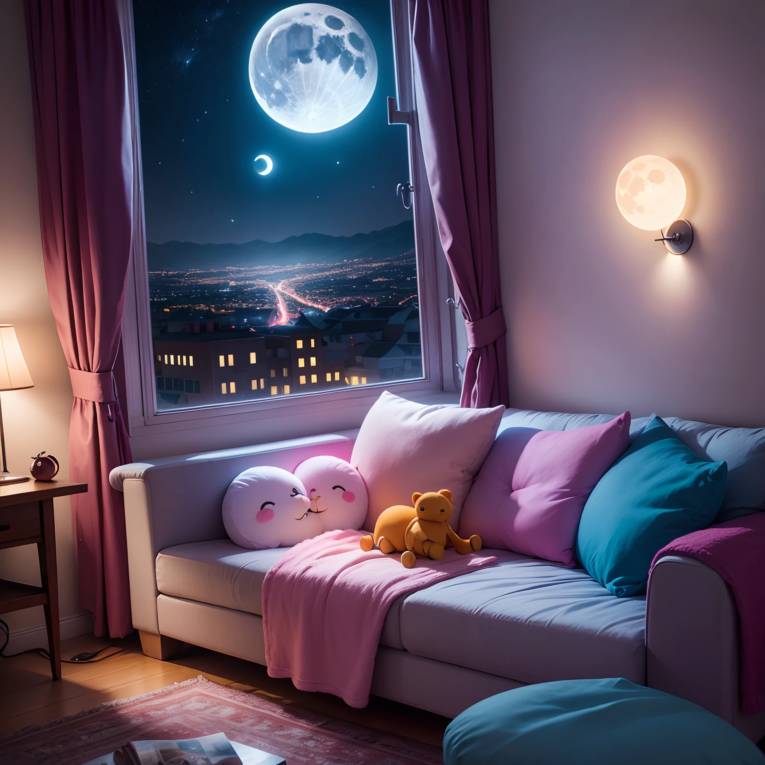 Colorful stuffed animals sofas Colorful lights The moon seen from the window cherry