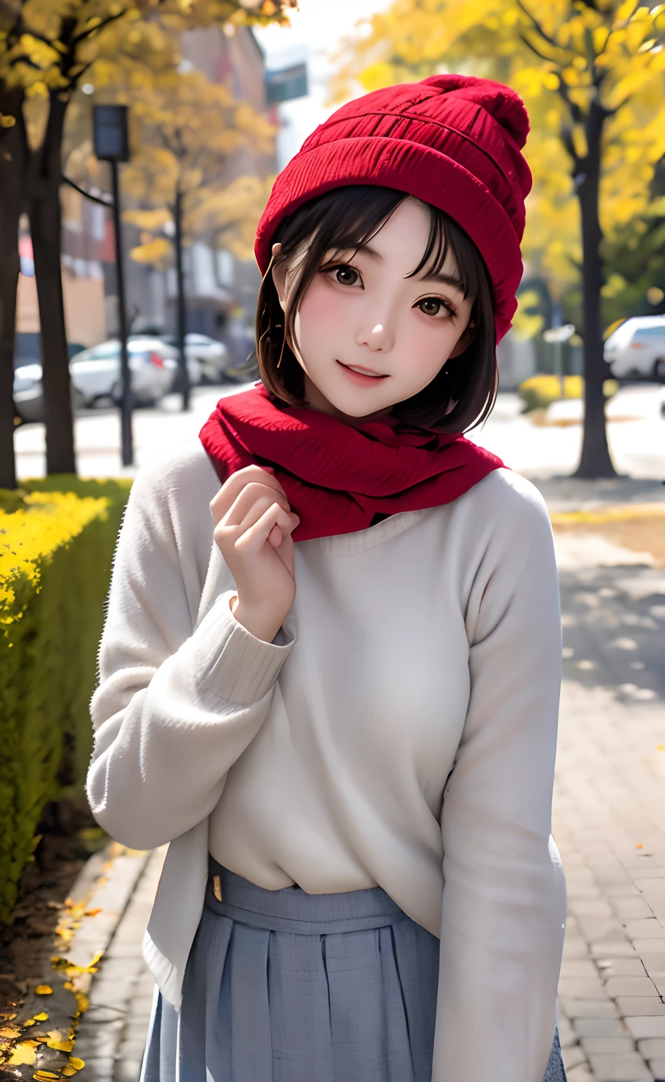 masutepiece:1.2, High quality, Best Quality, High resolution, Hyper realistic, girl with, a short bob，hair messy, Light gray eyes,Infinitely clear eyes，，High neck inner，Red knitted hat，muffler，long  skirt，Standing，Head tilt, plein air，Autumn Park:1.5，blurry backround, Portrait,Natural look, (Detailed face), ((foco nítido)), ((Face)), The upper part of the body_Body，Autumn Park，Autumn sky