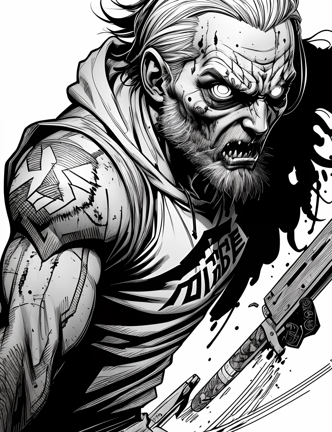 sketch art for adults coloring book,white background, gritty style, cartoon style, use only black outlines, clean line art, zombie, detailed, dynamic composition, close-up shot, comic shading