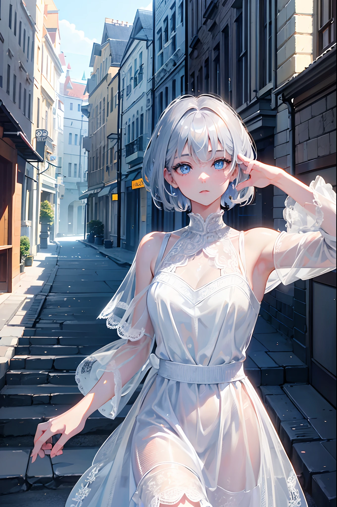 silber hair blue eyess Short hair White lace dress Walk through the Old Town masterpiece Top image quality Clear cinematic shadow Increased attractiveness of the eyes Clear the shine of the eyes Draw eyelashes neatly Perfect Eye A detailed eye Sharpen image quality Sharpen eye writing Clear eye shape