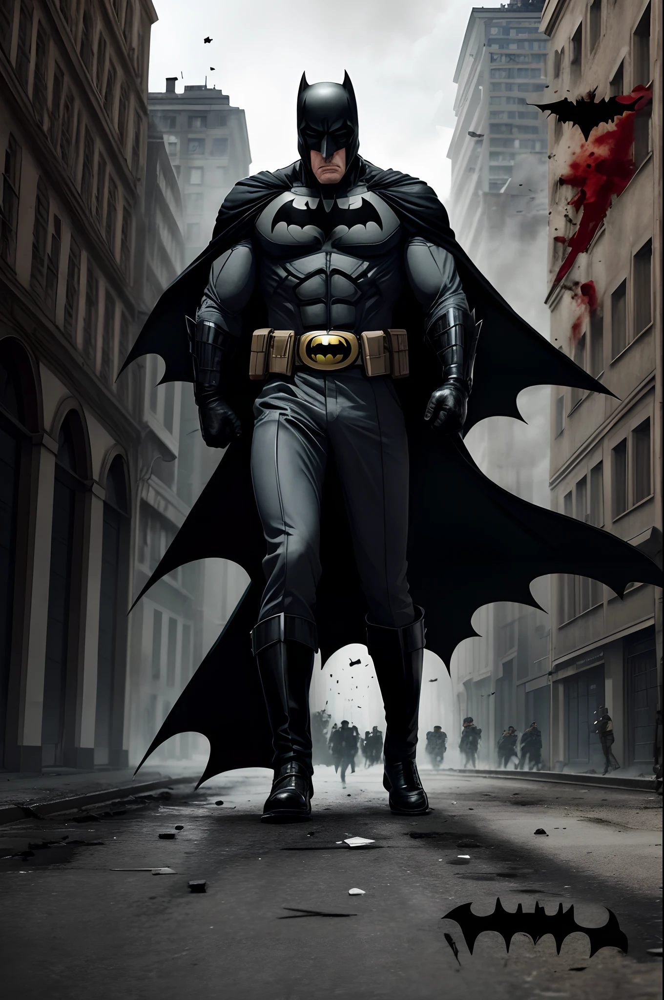 BATMAN enfrenta Hitler "German General of the First World War" que levanta-se dos mortos para destrir Gotham , Bombas dropped from planes destroy the streets of Gotham, The streets are littered with blood and human dead in pieces on the floor and in the windows, BATMAN rushes to help the survivors before Hitler stops him again