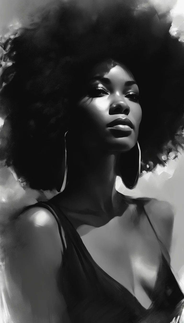 an image of a black woman with Afro , in the style of russ mills, michael garmash, charming sketches, mono-ha, contemporary asian art, lilia alvarado, concise brushwork --ar 69:128 --s 750 --v 5. 2