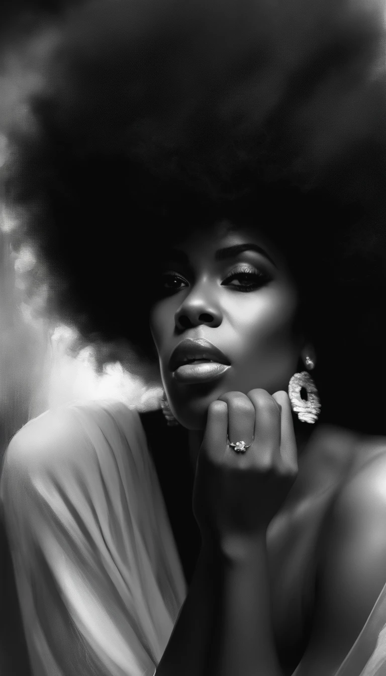 an image of a black woman with Afro , in the style of russ mills, michael garmash, charming sketches, mono-ha, contemporary asian art, lilia alvarado, concise brushwork --ar 69:128 --s 750 --v 5. 2