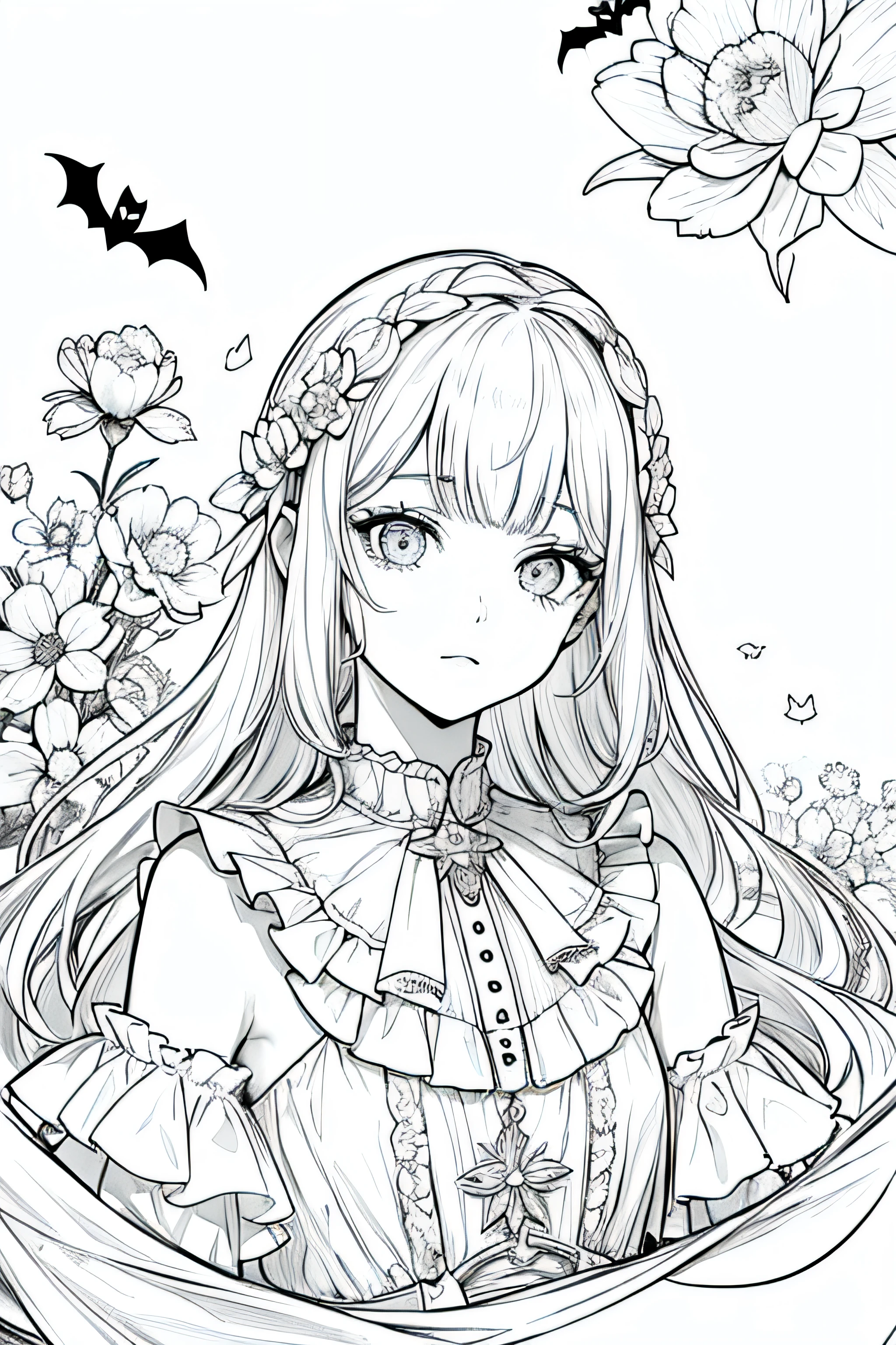obra prima, superlativo, bruxa jovem bonita, Feminino , somente, Halloween bonito , fundo do desenho da linha da flor, fundo branco, monocromatic, desenho de linha, ((esquete)), assustador, gato branco com olhos brancos, olhos brancos