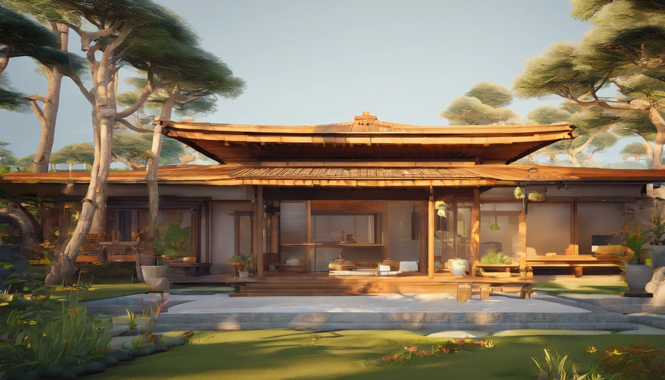 Crie uma imagem de uma casa com vista externa, casa japonesa que incorpore os seguintes elementos e estilos: 1. Japanese Antique Style: A base da casa deve ser inspirada na arquitetura tradicional japonesa, com telhados de telha, paredes de papel shoji e elementos de madeira envelhecida. 2. Estilo futurista: Add futuristic elements to the house, as holographic glass panels, integrated LED lights and abstract geometric shapes inspired by cubism. 3. Traditional Japanese folklore: Incorporate elements of Japanese folklore, like dragons, gruas, sakuras (cerejeiras) em flor e outros motivos tradicionais em partes da imagem. 4. Qualidade ultra-realista: imagem com detalhes ultra realista!!