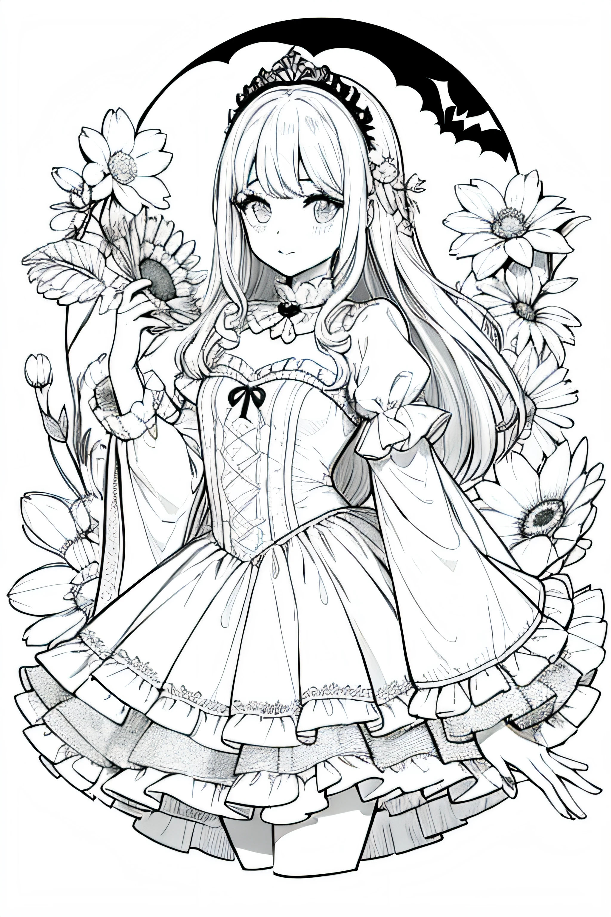 obra prima, superlativo, bruxa jovem bonita, Feminino , somente, Halloween bonito , fundo do desenho da linha da flor, fundo branco, monocromatic, desenho de linha, ((esquete)), assustador, gato branco com olhos brancos, olhos brancos