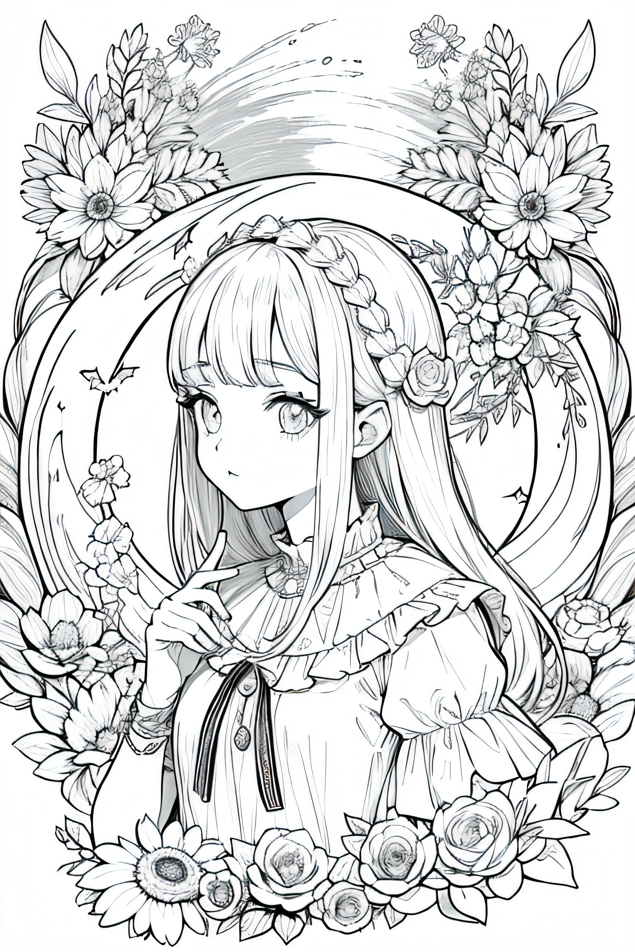 obra prima, superlativo, bruxa jovem bonita, Feminino , somente, Halloween bonito , fundo do desenho da linha da flor, fundo branco, monocromatic, desenho de linha, ((esquete)), assustador, gato branco com olhos brancos, olhos brancos