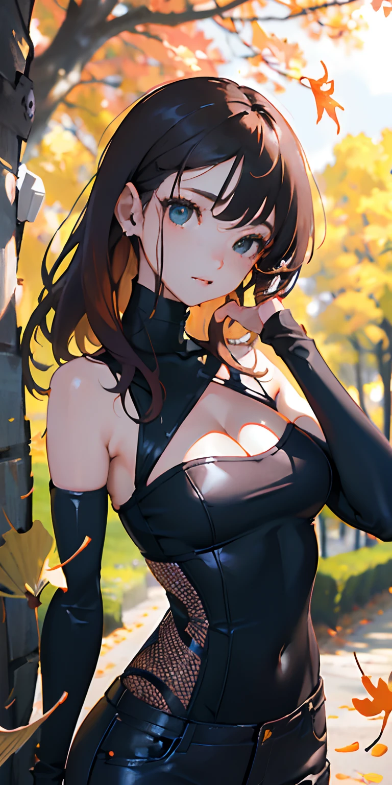 realisticlying、girl with、Outdoor Fashion、Autumn leaves Autumn leaves、Beautiful ginkgo tree、Slightly larger breasts with an emphasis on cleavage、Sexy Posing、Nature views