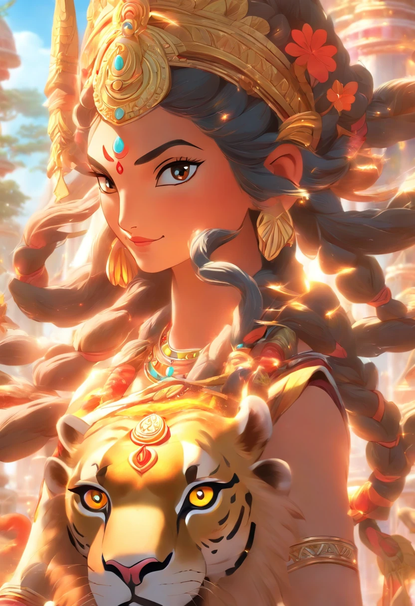 (((Parvati))) best quality, ultra-high resolution, 4K detailed CG, masterpiece, Parvati, Mother goddess, Indian woman, Hindu goddess, Hindu temple, lion, aesthetic, beautiful image, screen-centered, body complete, standing
