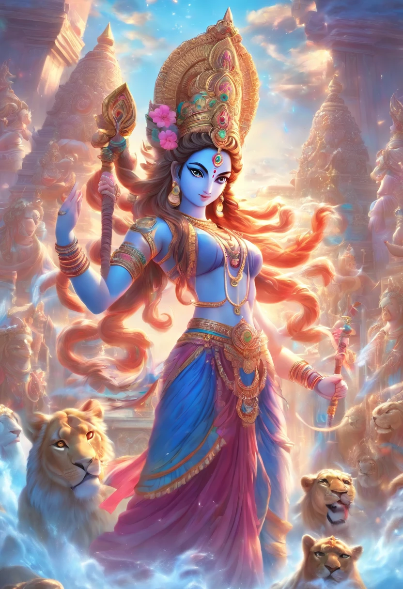 (((Parvati))) best quality, ultra-high resolution, 4K detailed CG, masterpiece, Parvati, Mother goddess, Indian woman, Hindu goddess, Hindu temple, lion, aesthetic, beautiful image, screen-centered, body complete, standing