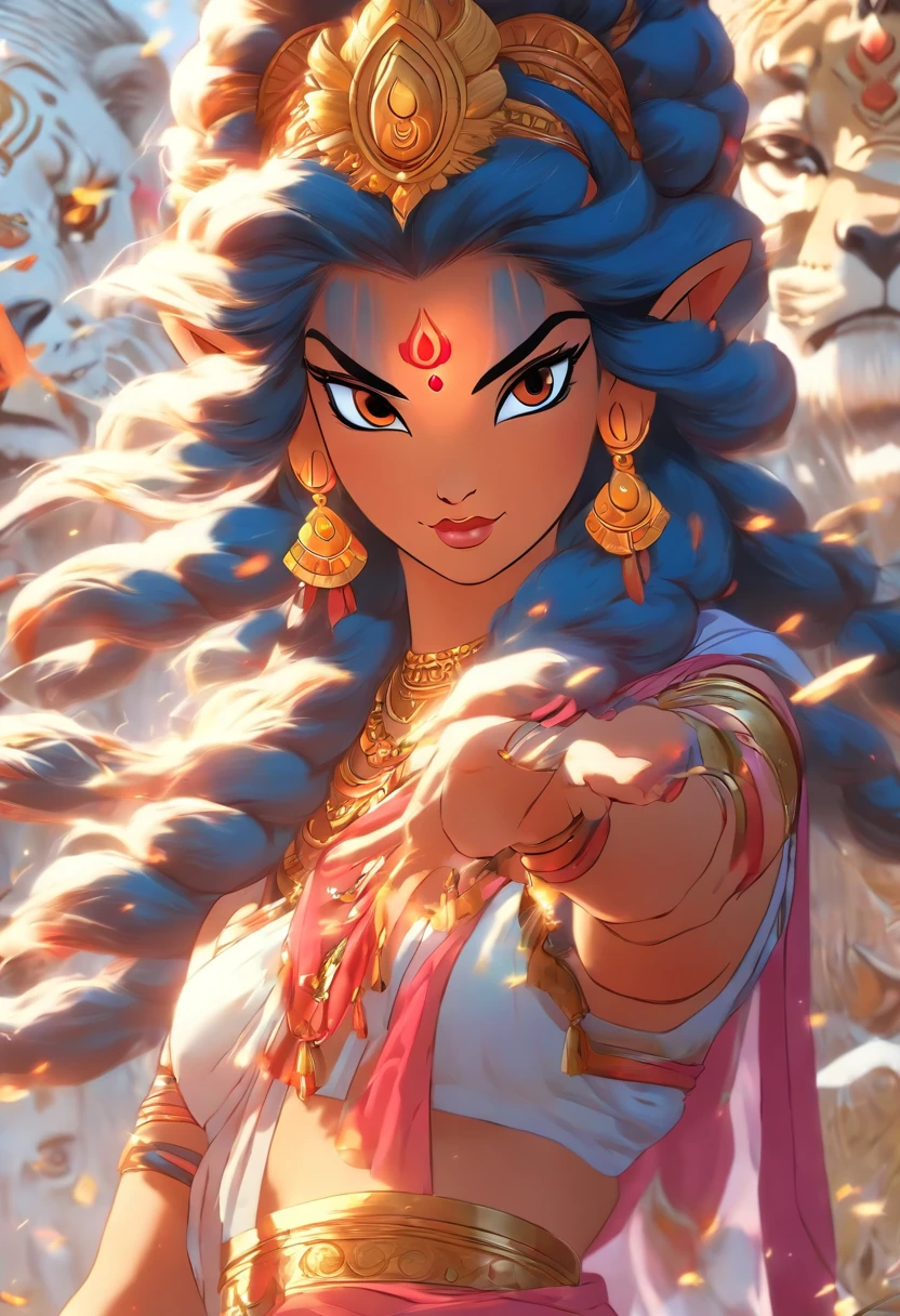(((Parvati))) best quality, ultra-high resolution, 4K detailed CG, masterpiece,Parvati,Indian woman,Hindu goddess,Hindu temple,lion,aesthetic,beautiful image,screen-centered,full body,in foot