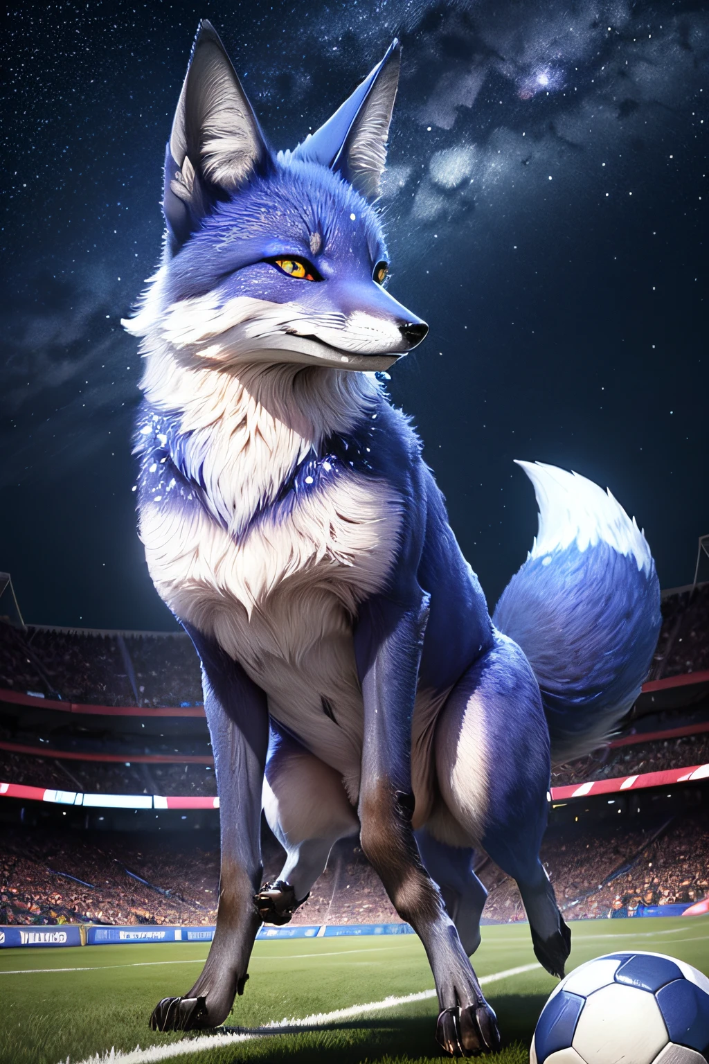 A blue fox playing soccer in a crowded stadium, with a starry night sky prominently shown in the background