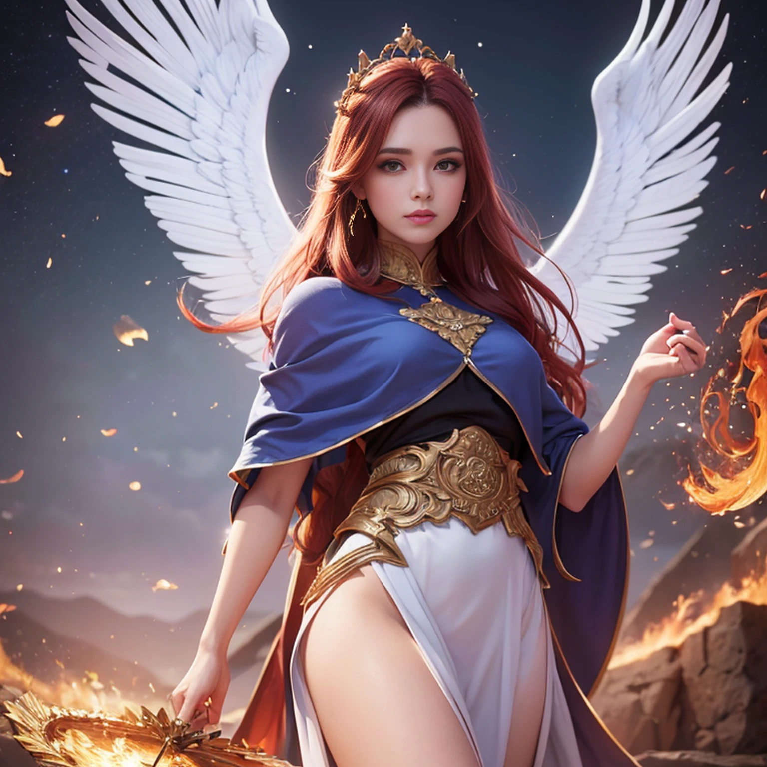 8k, ultra detalhado, master part, melhor qualidade, (extremamente detalhado), Arafed, arte dnd, scenic view, corpo inteiro, Aasimar sorceress casting a flaming spell, Aasimar, female, (Obra-prima 1.3, Detalhes intensos), female, feiticeira, Casting Flaming Spell (Obra-prima 1.3, Detalhes intensos) grandes asas angelicais, Open Blue Angelic Wings (Obra-prima 1.3, Detalhes intensos), magical fantasy background (Obra-prima 1.5, Detalhes intensos), lua, Estrelas, nuvem, vestindo manto branco, Capa roxa, flowing robe (Obra-prima 1.3, Detalhes intensos), Botas de salto alto (Obra-prima 1.3, Detalhes intensos), armado com pessoal, red hair, olhos verdes, olhos intensos, Feminino, Face Ultra Detalhada, (Obra-prima 1.5, melhor qualidade), anatomicamente correto (Obra-prima 1.3, Detalhes intensos), face determinada, Luz Divina, Cinematic lighting, luz suave, silhueta, fotorrealismo, scenic view (Obra-prima 1.3, Detalhes intensos) , Wide-Angle, Ultra-Grande Angular, 8k, Altas, melhor qualidade, Detalhes altos @Vlademir Bernardes