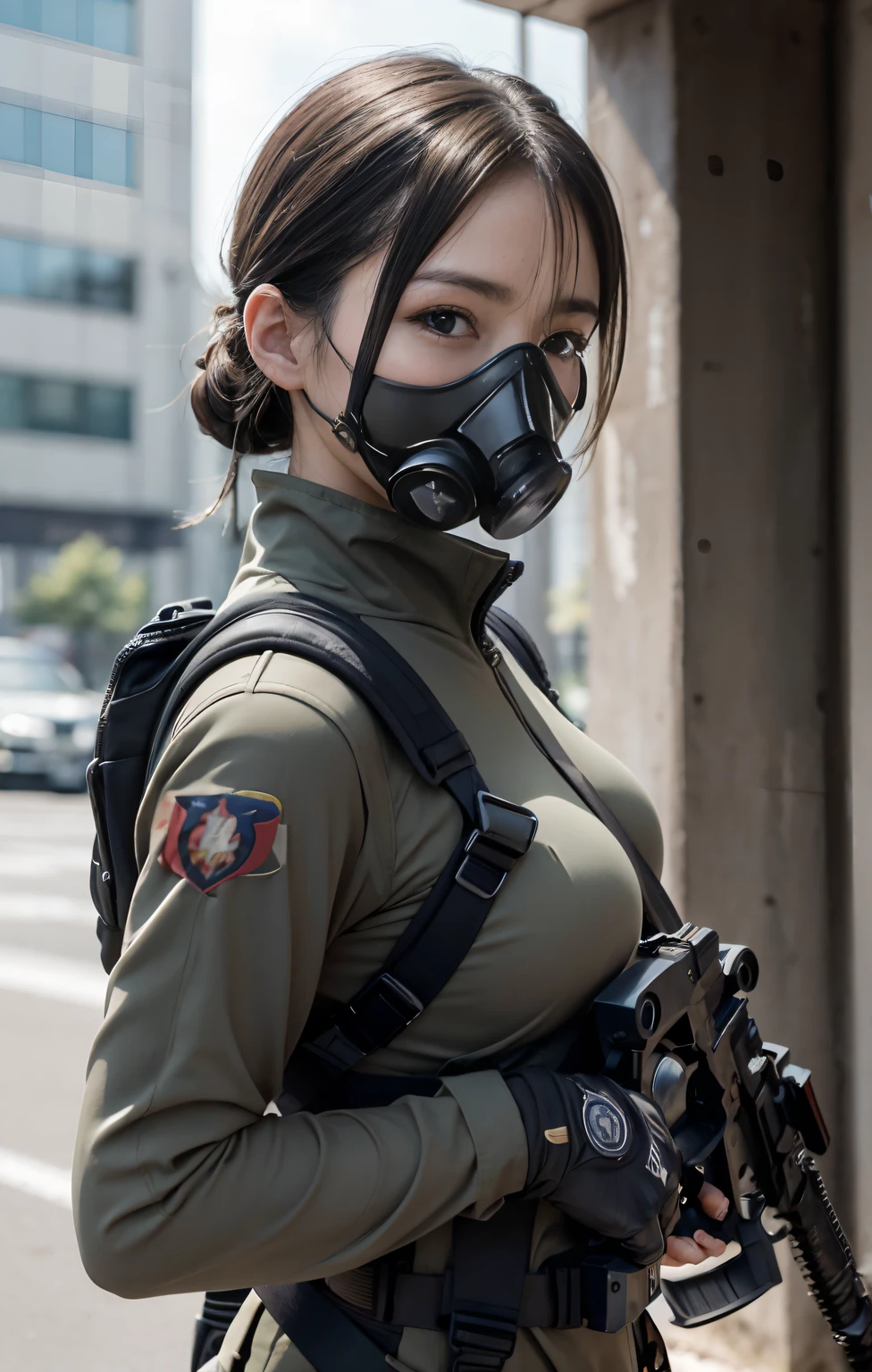 Highest image quality, outstanding details, ultra-high resolution, (realism: 1.4), ((close up:0.75, from front)), Photorealistic, highly condensed 1 lady, full body, aiming with an assault rifle, Combat pose, (Detailed face), looking to the camera, (cloths color black:0.4 white:0.5 other-color:0.1), (wearing rash-guard likes police uniform, gloves,black and gray mecha, wearing futuristic-gasmask, military harness, holding a machinegun, carrying hich-tech-backpack), background grey, Fingers are occluded