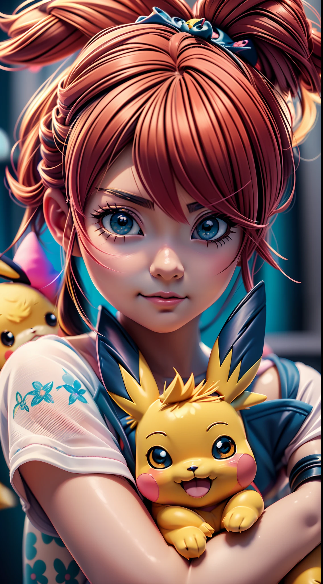 Anime girl with a cute pikachu holding a stuffed animal, Misty from Pokemon, Estilo de anime 3D realista, anime hiper realista, 3 d anime realista, Arte de anime realista, illustration pokemon, painting digital adorable, anime fotorrealista | |, realistic anime art style, Estilo Realismo Anime, retratos bonitos da ****** do anime, ****** anime bonito, ****** anime bonita, anime altamente detalhado, Eevee