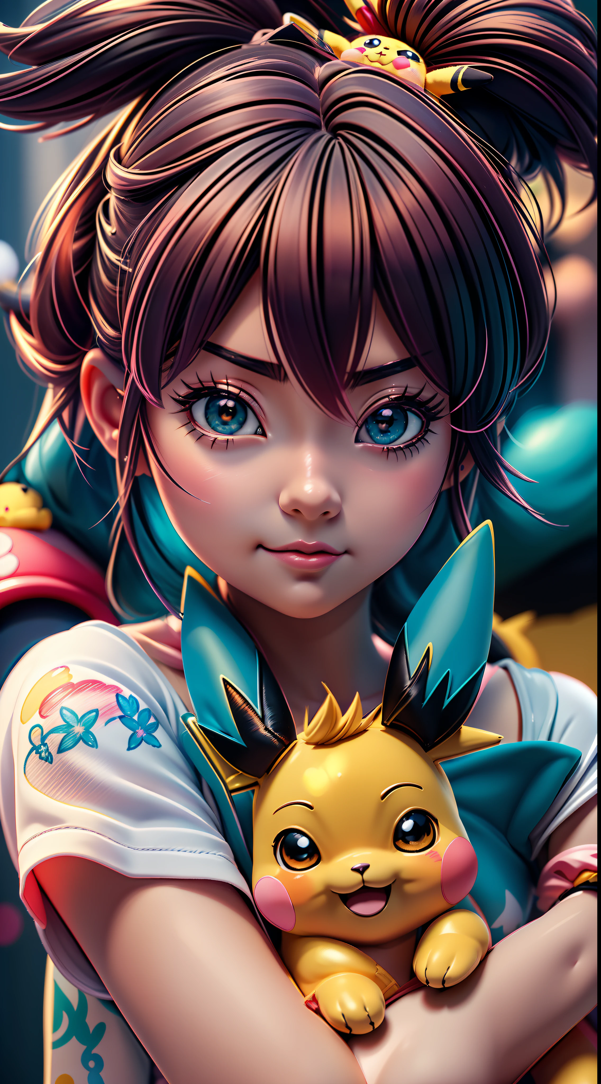 Anime girl with a cute pikachu holding a stuffed animal, Misty from Pokemon, Estilo de anime 3D realista, anime hiper realista, 3 d anime realista, Arte de anime realista, illustration pokemon, painting digital adorable, anime fotorrealista | |, realistic anime art style, Estilo Realismo Anime, retratos bonitos da ****** do anime, ****** anime bonito, ****** anime bonita, anime altamente detalhado, Eevee