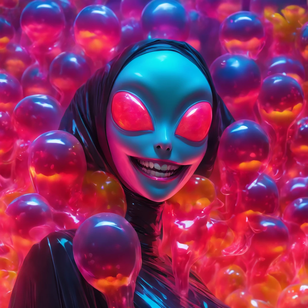 Semi-body shot, Ultra Realistic Photo, Beautiful model wearing an avant-garde jelly alien nun mask, rendering by octane