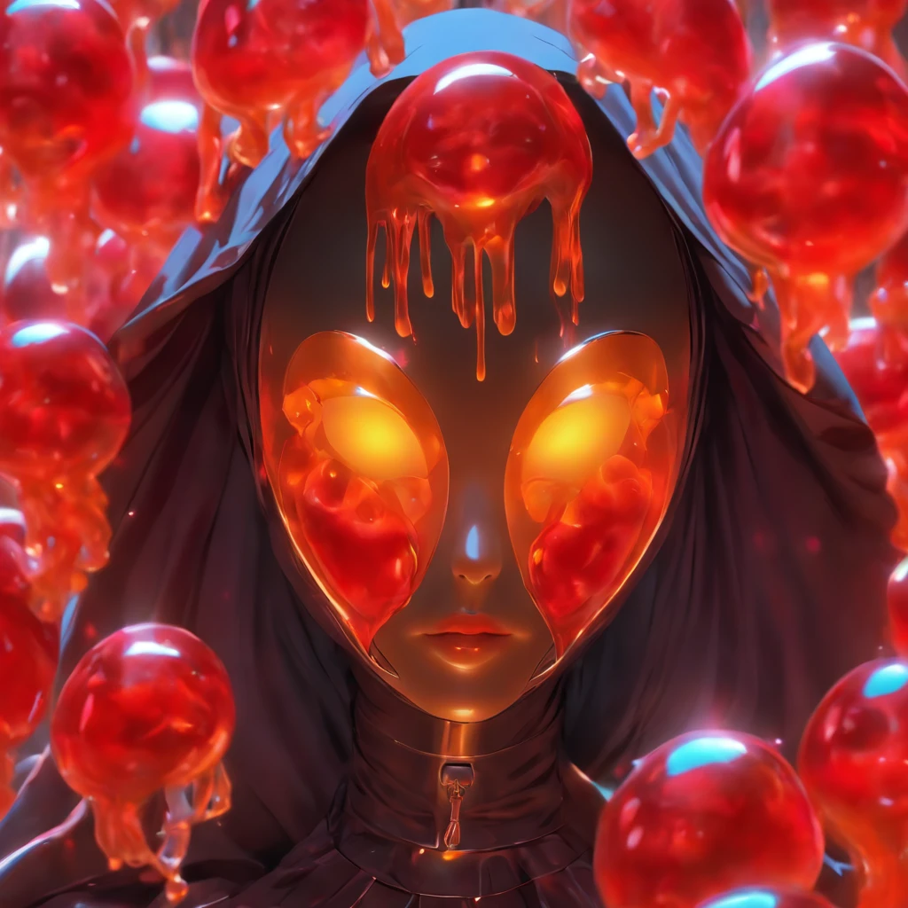 Semi-body shot, Ultra Realistic Photo, Beautiful model wearing an avant-garde jelly alien nun mask, rendering by octane