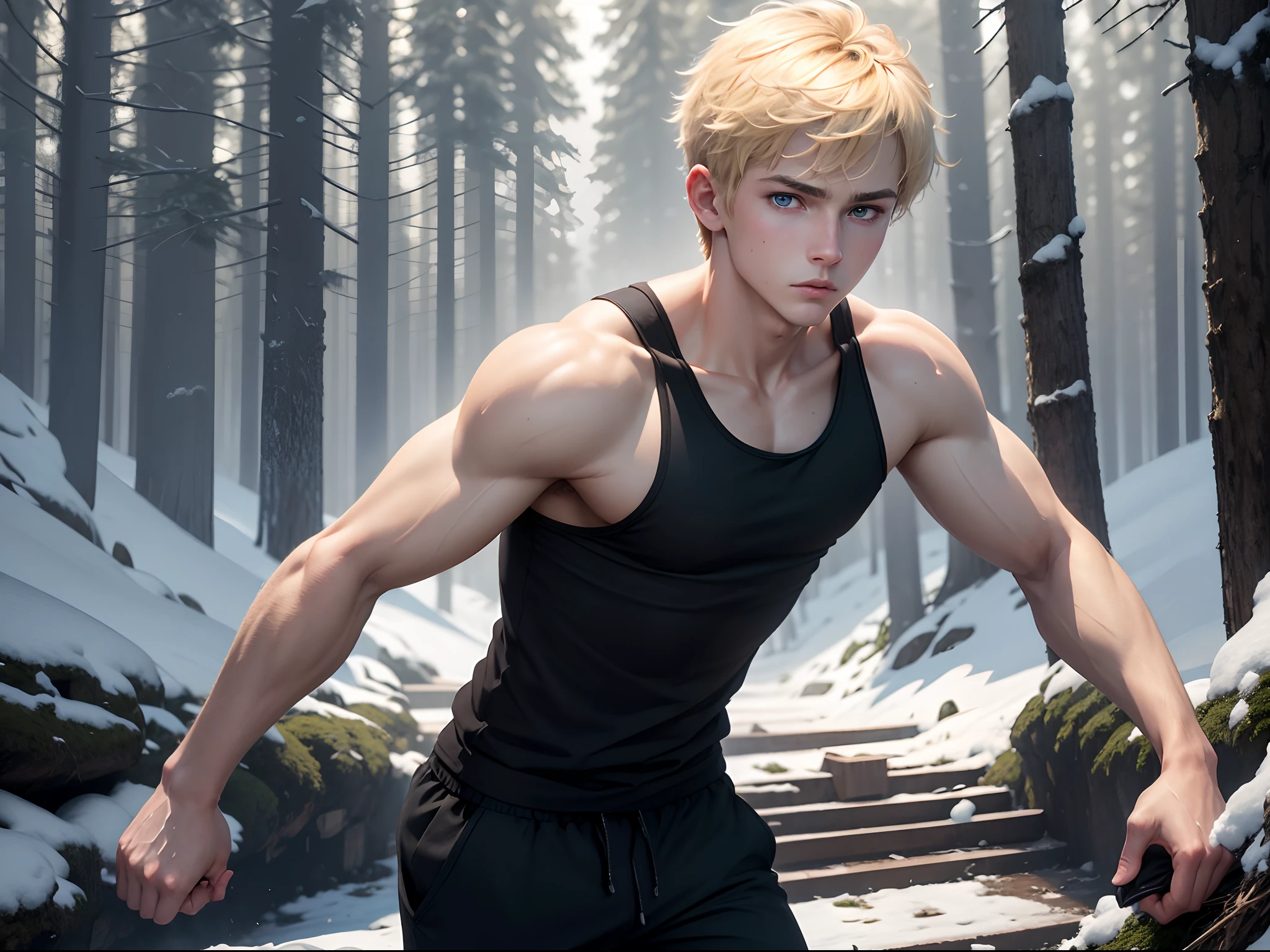realistic image in 8k of a  young man, blond, strong, short hair combed back, blue eyes, square cheese, dressed in a black tank top, and black sweatpants, in the middle of a clearing of a forest taken from snow, anime style art