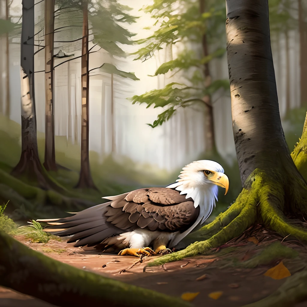 eagle chick, lying injured on the forest floor