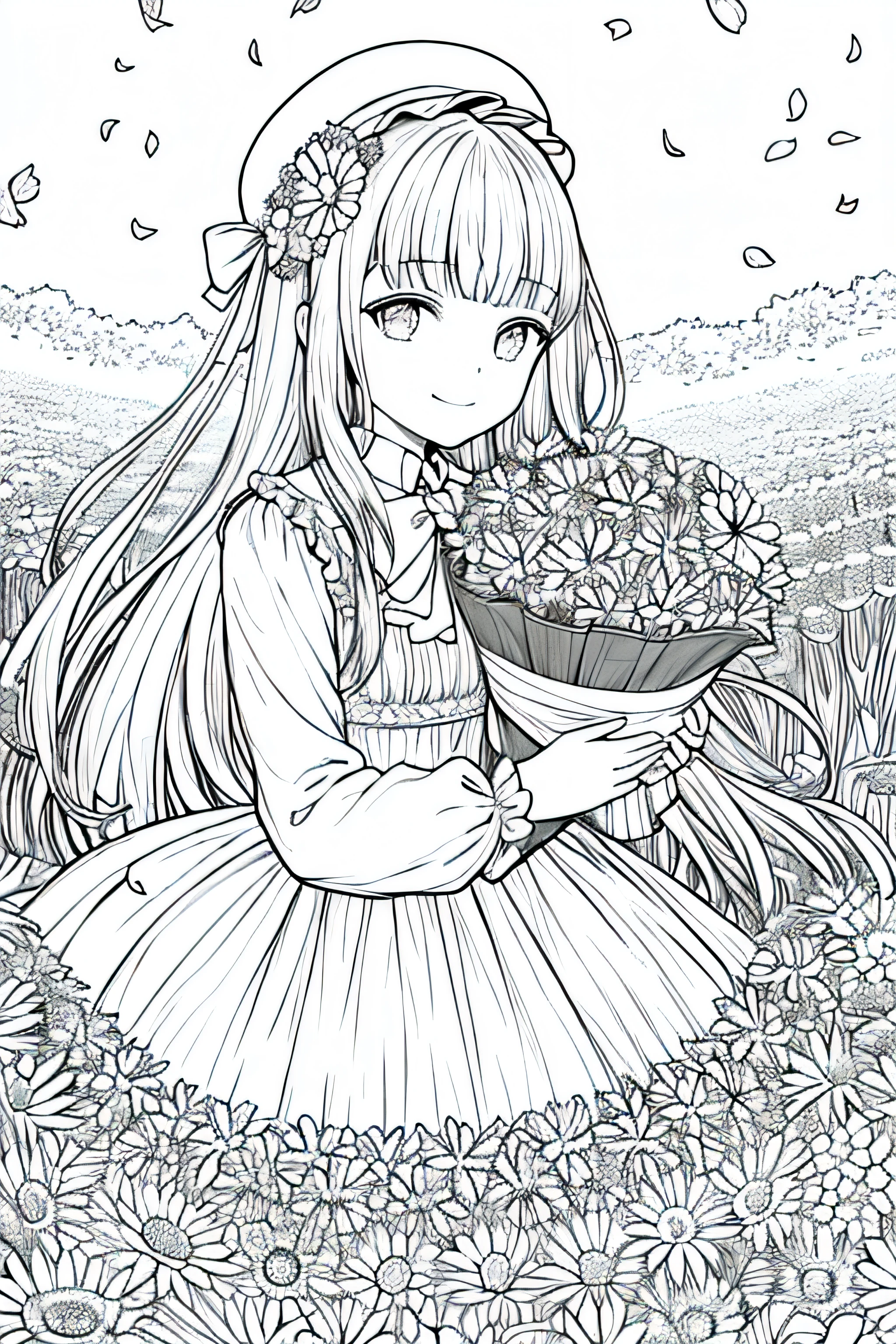 masterpiece, best quality, 1girl, solo, long_hair, looking_at_viewer, smile, bangs, skirt, shirt, long_sleeves, hat, dress, bow, holding, closed_mouth, flower, frills, hair_flower, petals, bouquet, holding_flower, center_frills, bonnet, holding_bouquet, flower field, flower field, lineart, monochrome,