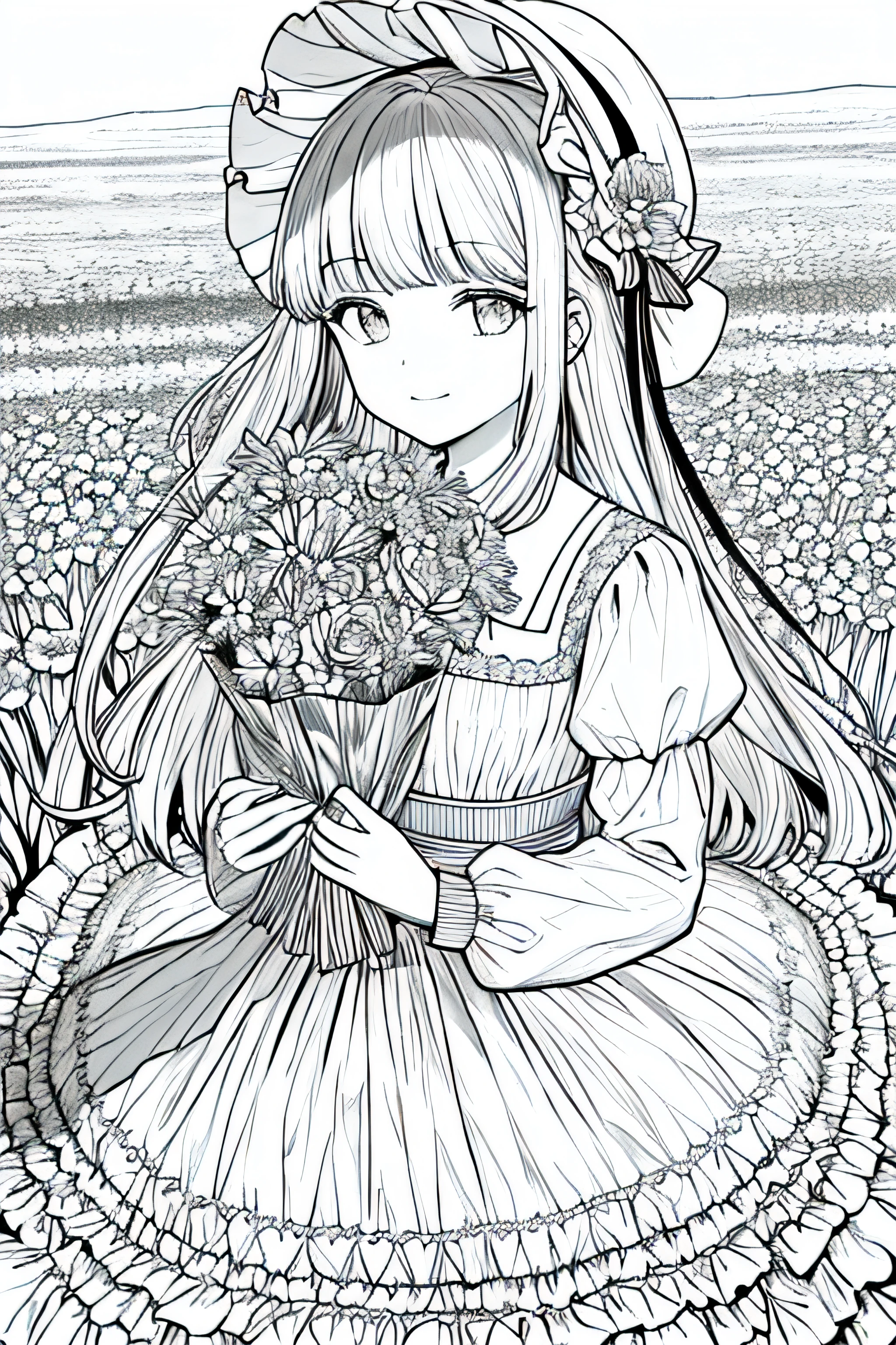 masterpiece, best quality, 1girl, solo, long_hair, looking_at_viewer, smile, bangs, skirt, shirt, long_sleeves, hat, dress, bow, holding, closed_mouth, flower, frills, hair_flower, petals, bouquet, holding_flower, center_frills, bonnet, holding_bouquet, flower field, flower field, lineart, monochrome,