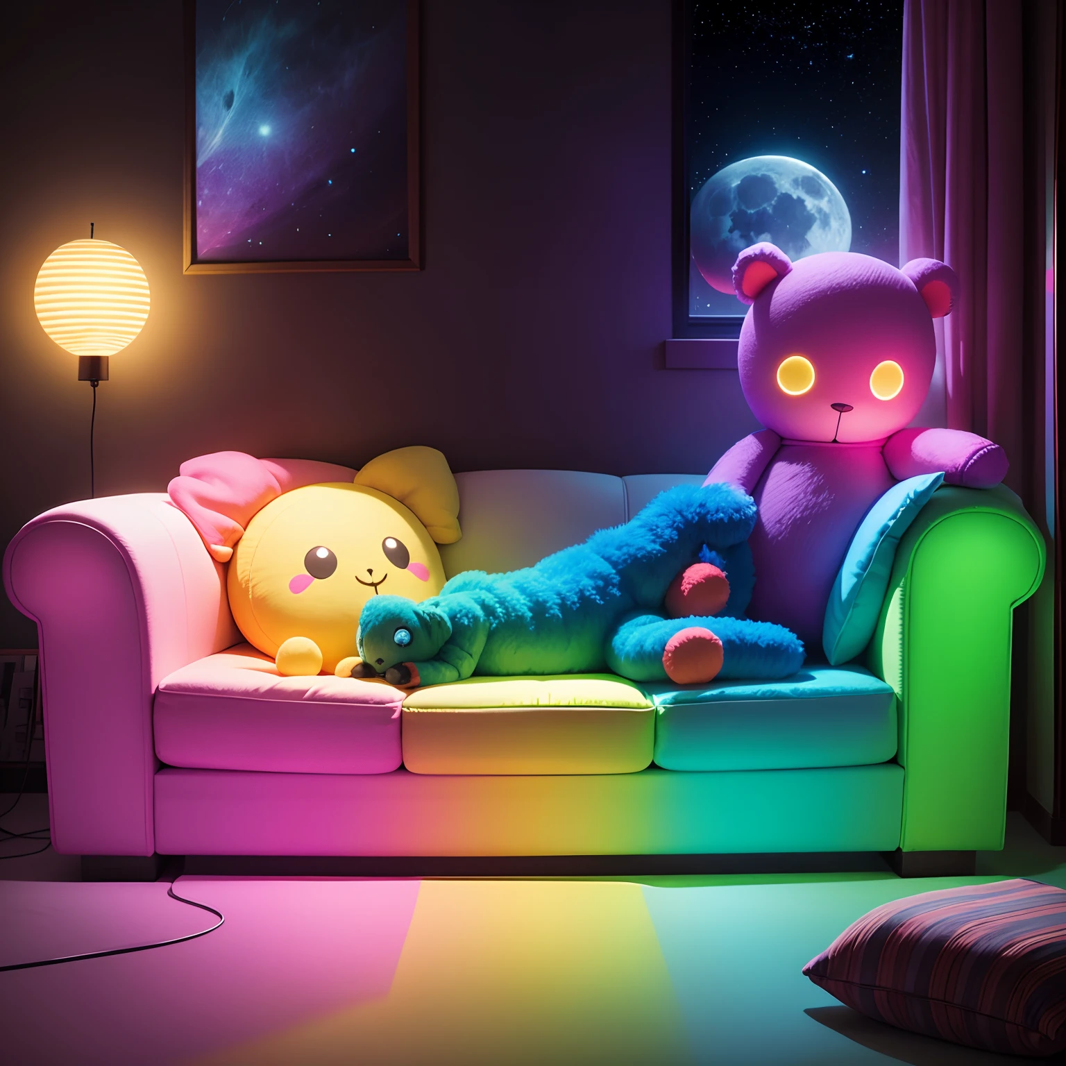 Colorful stuffed animals　colorful neon　a moon　Colorful sofa