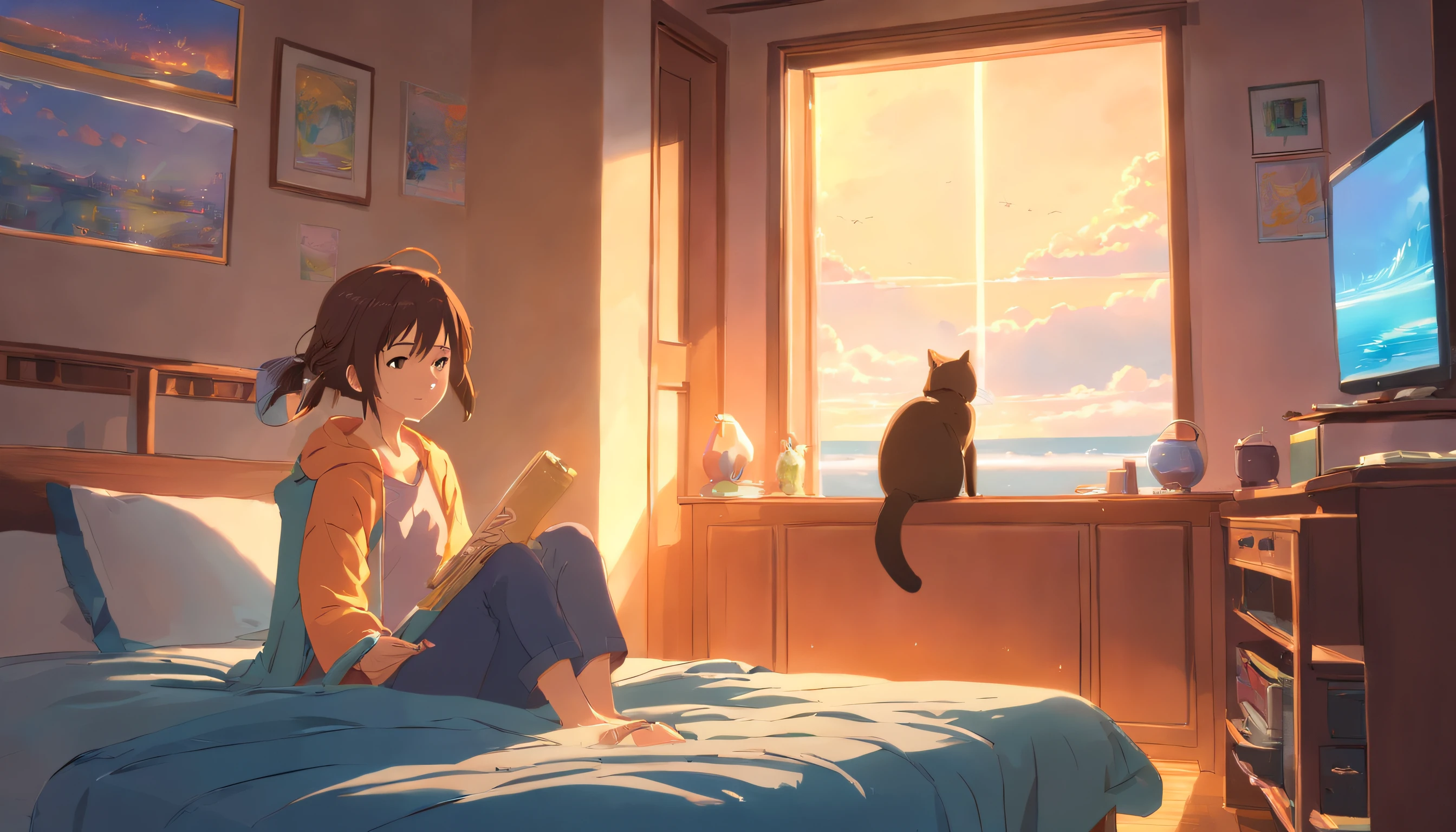 obra-prima, melhor qualidade, filme ainda, 1girl, Uma menina meditando em seu quarto em cima da cama ao lado de seu gato